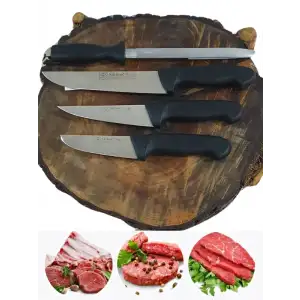 Handmade Sürmene Kasap Kurban Serisi Bıçak Seti Et Sebze Yüzme Sıyırma 3lü + Solingen 8 Bileyici