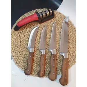 Ahşap Kasap Kurban Bıçak Seti Et Sebze Yüzme Sıyırma Bıçak Mutfak Bıçağı 4lü + Bileyici