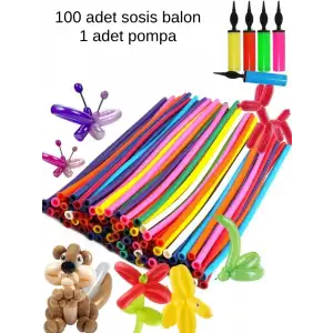 Sosis Balon - 100 Adet Renkli Sosis Balon Oyun Parti Balonu130 Cm + Pompa