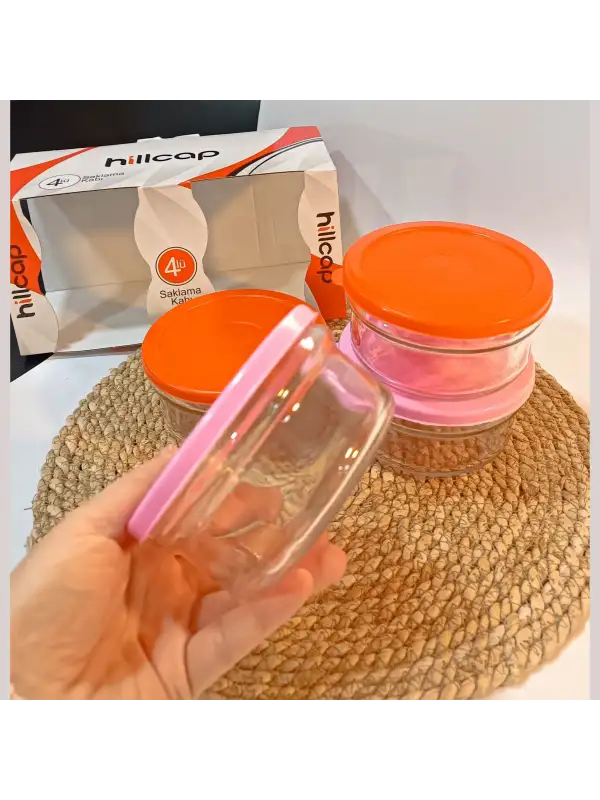 Kahvaltılık Reçellik Çerezlik Renkli Kapaklı Kalın Cam Kase Saklama Kabı 4lü