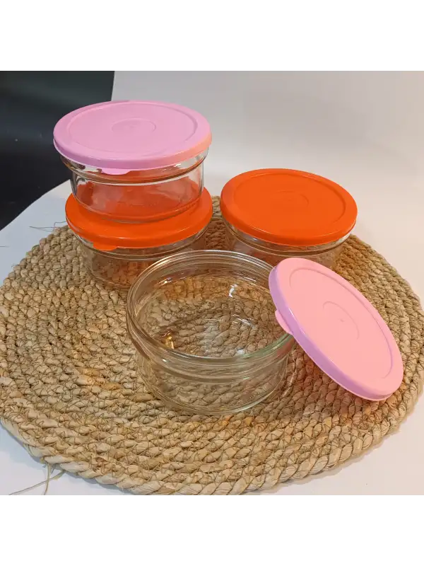 Kahvaltılık Reçellik Çerezlik Renkli Kapaklı Kalın Cam Kase Saklama Kabı 4lü
