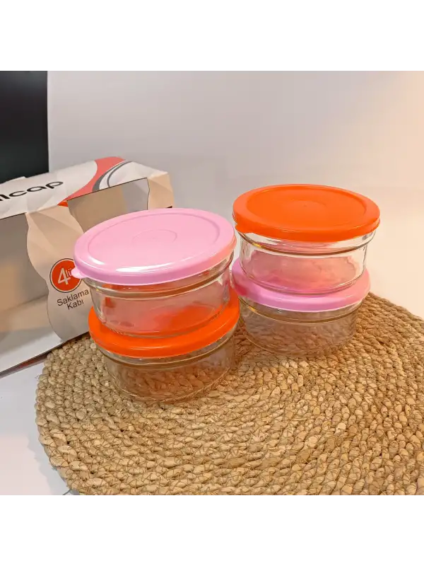 Kahvaltılık Reçellik Çerezlik Renkli Kapaklı Kalın Cam Kase Saklama Kabı 4lü