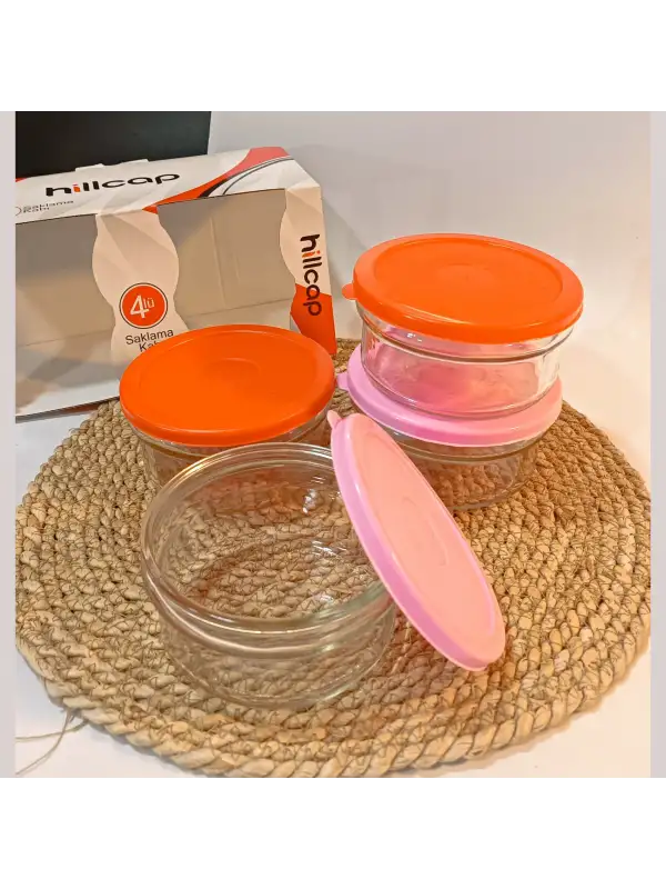 Kahvaltılık Reçellik Çerezlik Renkli Kapaklı Kalın Cam Kase Saklama Kabı 4lü