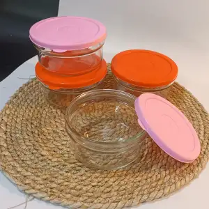 Kahvaltılık Reçellik Çerezlik Renkli Kapaklı Kalın Cam Kase Saklama Kabı 4lü