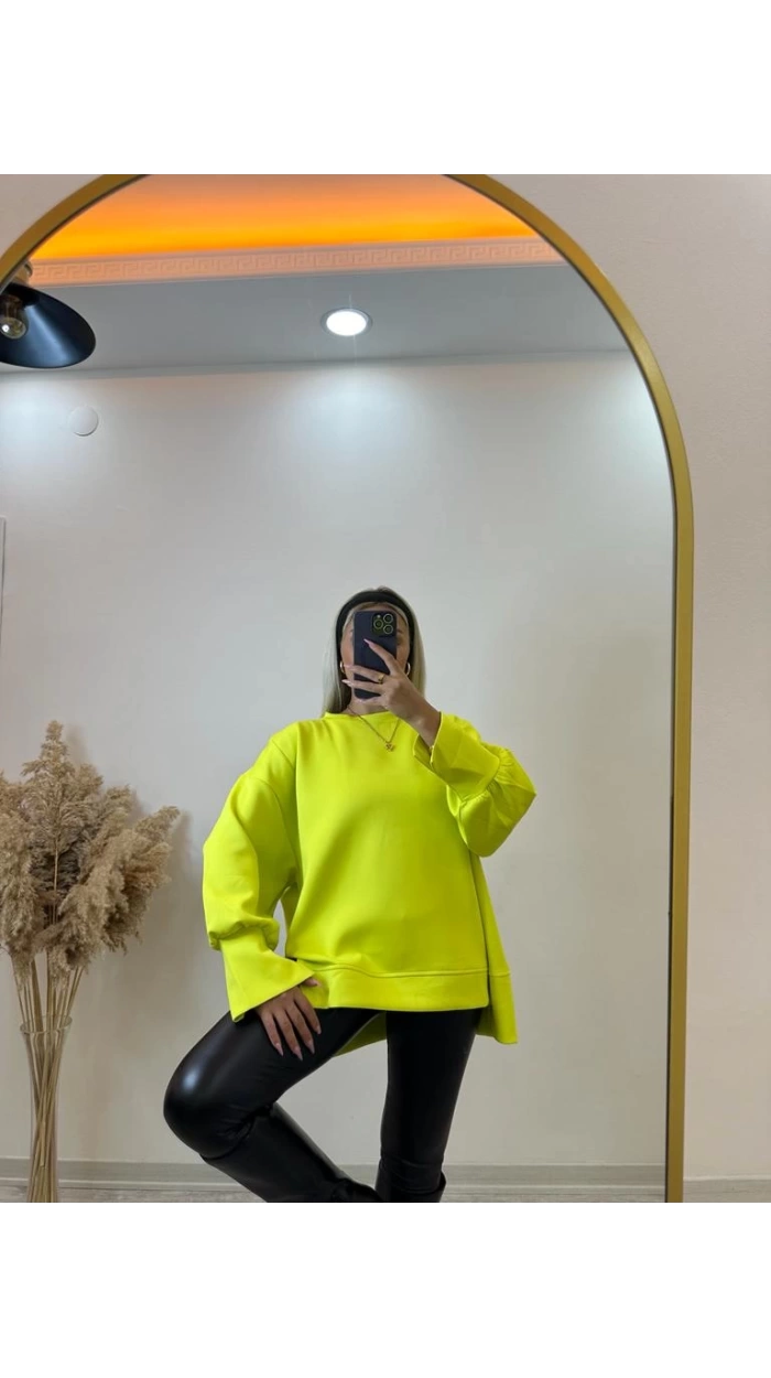 Kadın Neon Yeşili Yırtmaç Kol Detaylı Oversize Sweatshirt