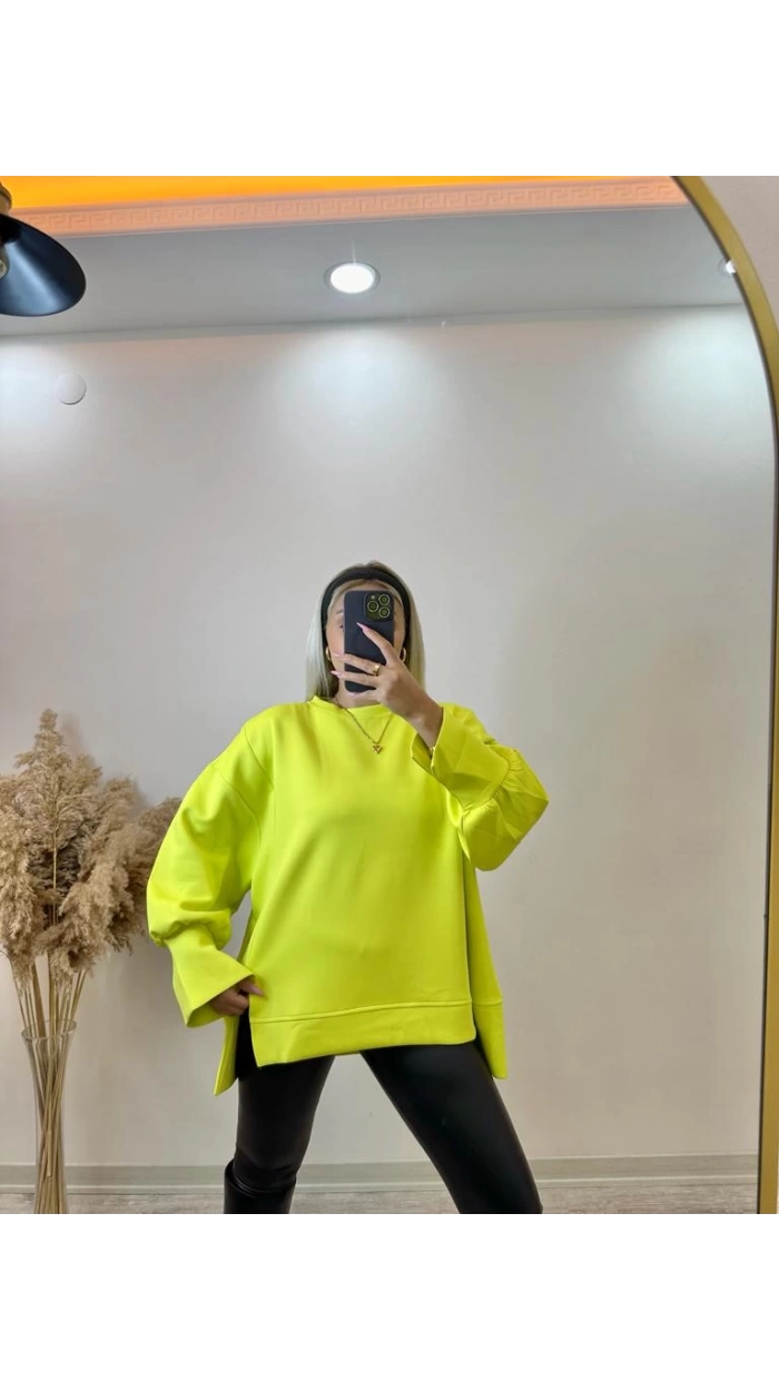 Kadın Neon Yeşili Yırtmaç Kol Detaylı Oversize Sweatshirt