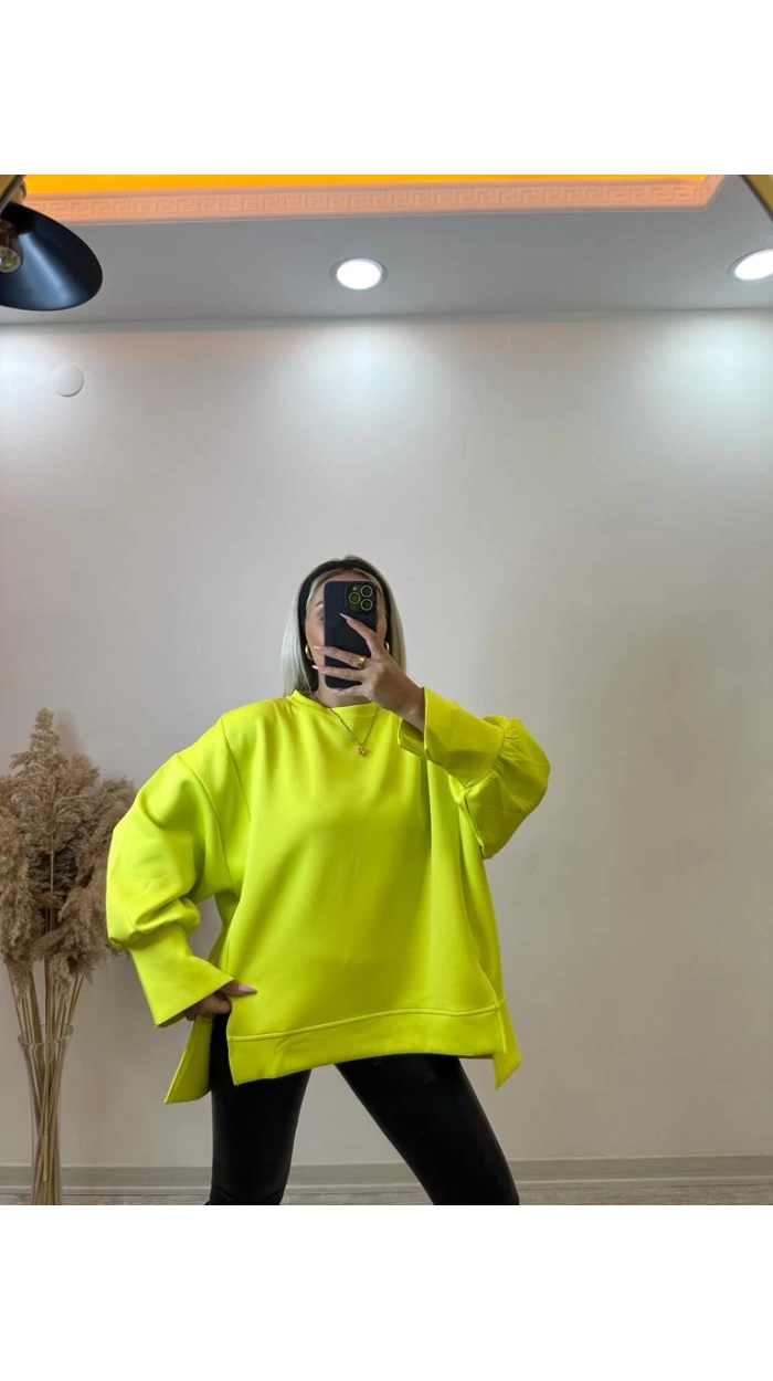 Kadın Neon Yeşili Yırtmaç Kol Detaylı Oversize Sweatshirt