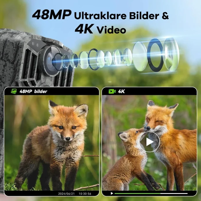 DEATTI Trail Fotokapan, 48 MP Fotoğraf ve 4K Video, 30m Gece Görüşlü, Su Geçirmez, Ultra Geniş Açılı Av Kamerası