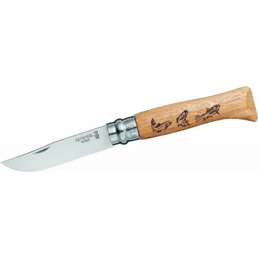 Opinel Meşe Saplı Balık Desenli Paslanmaz Çelik Çakı Inox No 8