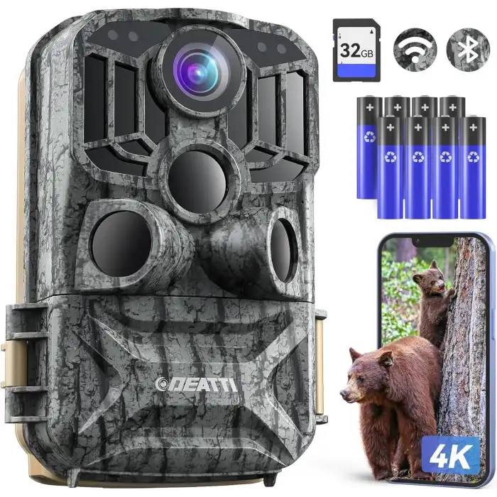 DEATTI Trail Fotokapan, 48 MP Fotoğraf ve 4K Video, 30m Gece Görüşlü, Su Geçirmez, Ultra Geniş Açılı Av Kamerası