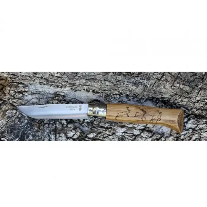 Opinel Meşe Saplı Geyik Desenli Paslanmaz Çelik Çakı Inox No 8