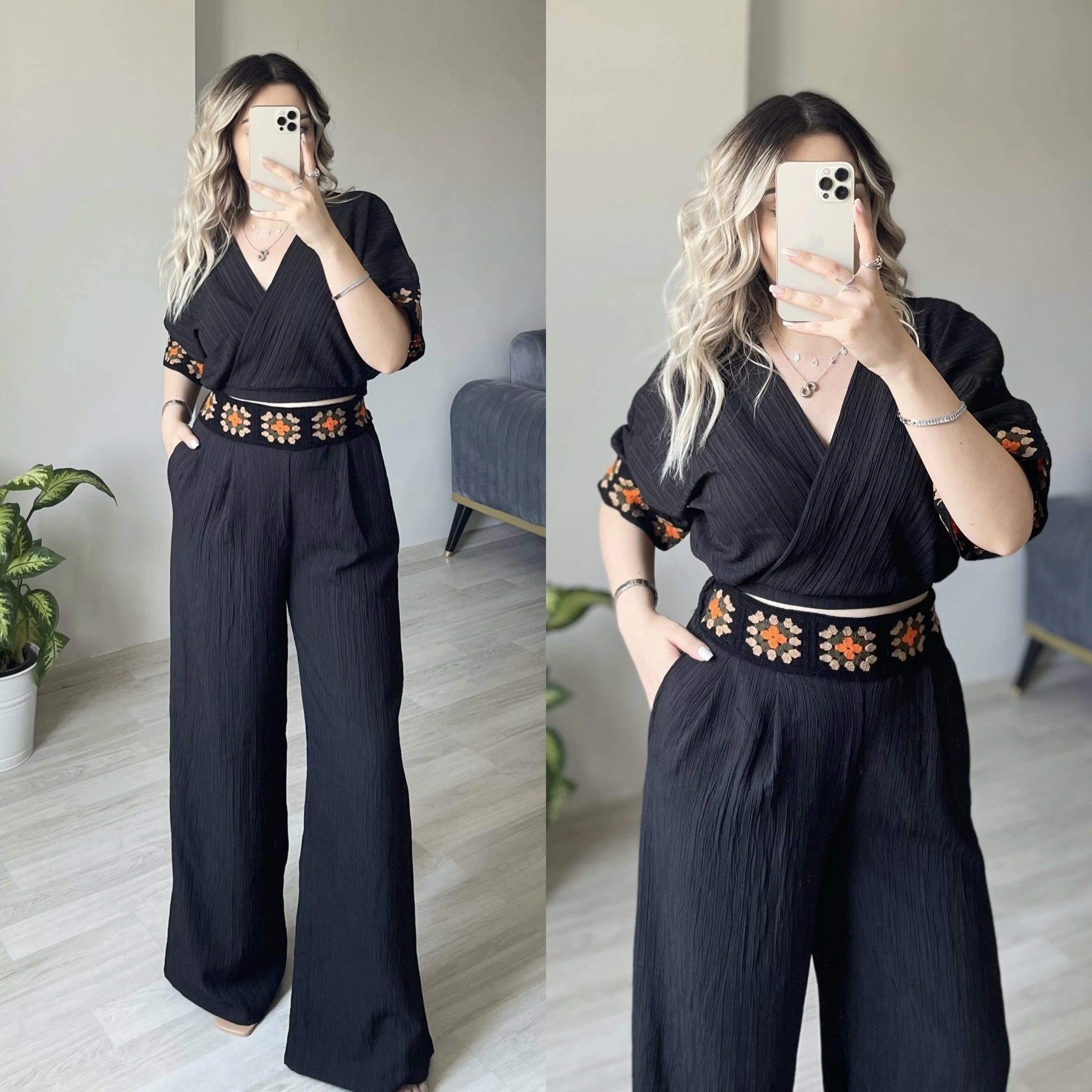 Kruvaze Yaka Bluzlu Keten Takım
