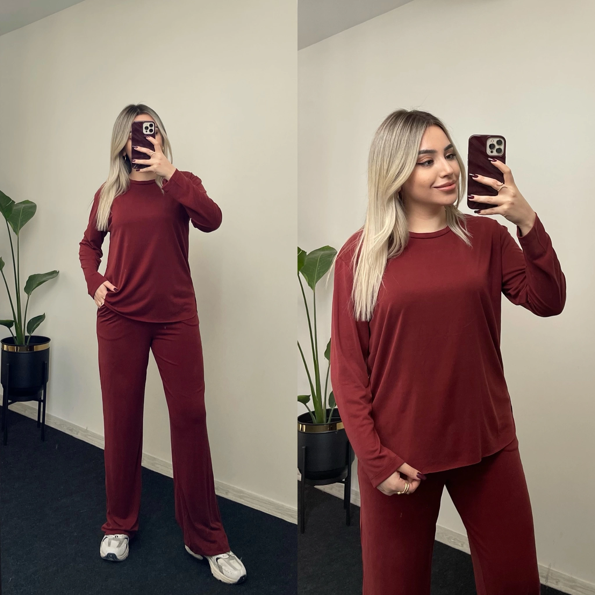 Oysho Bisiklet Yaka Modal Kumaş Bordo Takım