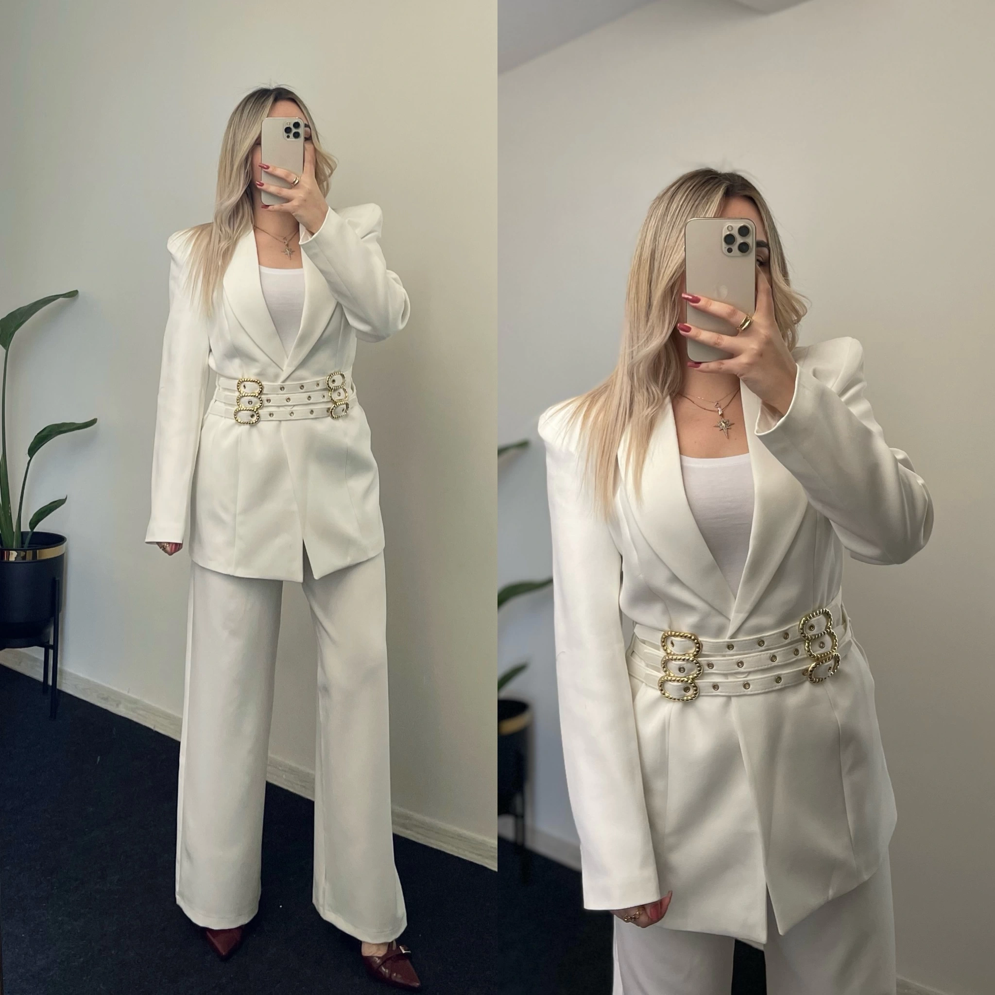 Tasarım Tokalı Blazer Takım Beyaz