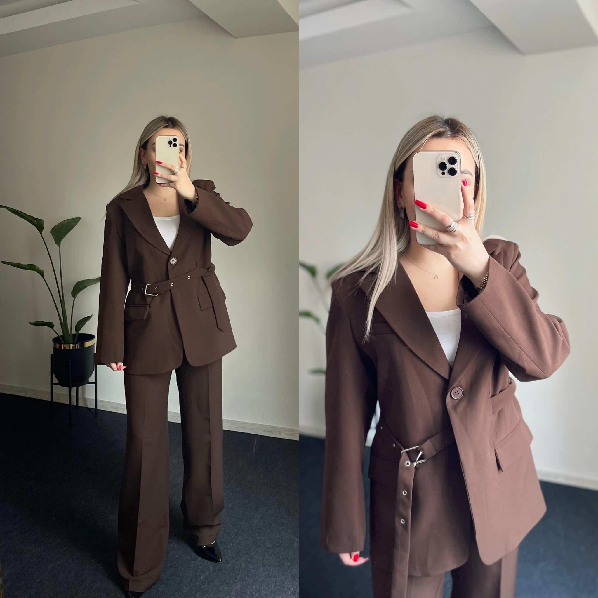 Kemer Detaylı Acı Kahve Blazer Takım