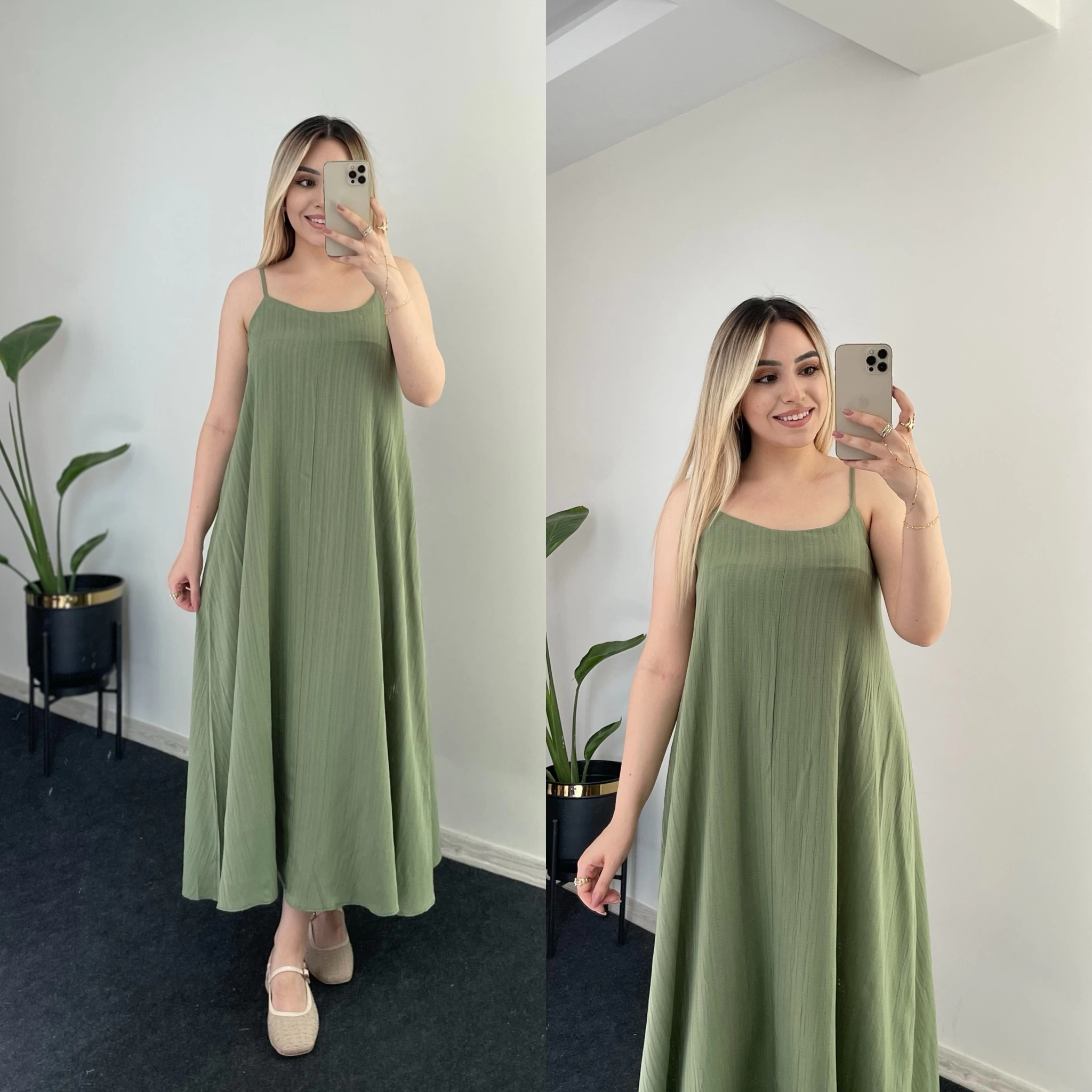 Haki Yeşil İçi Astarlı Müslin Elbise