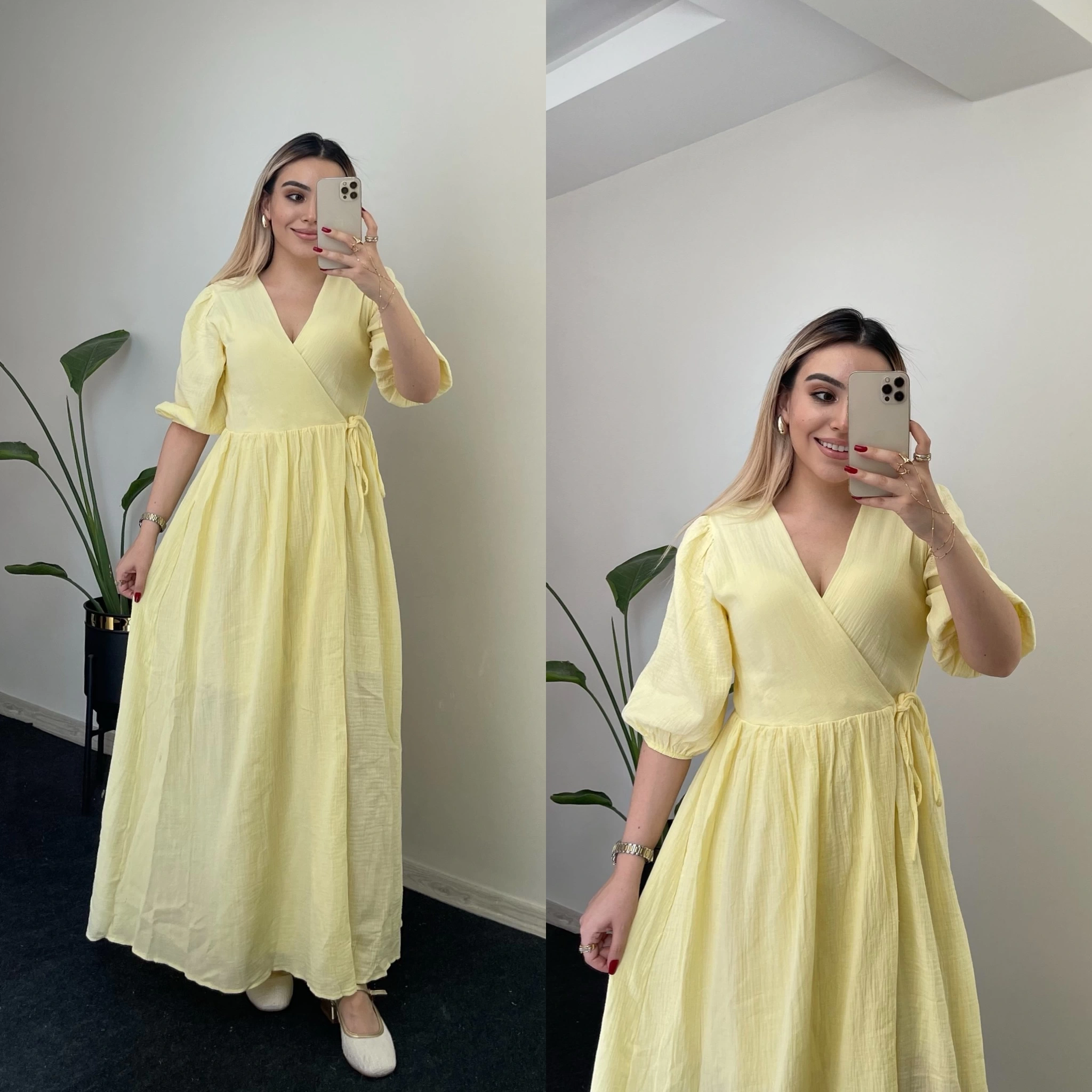 Belden Bağlamalı Sarı Müslin Elbise