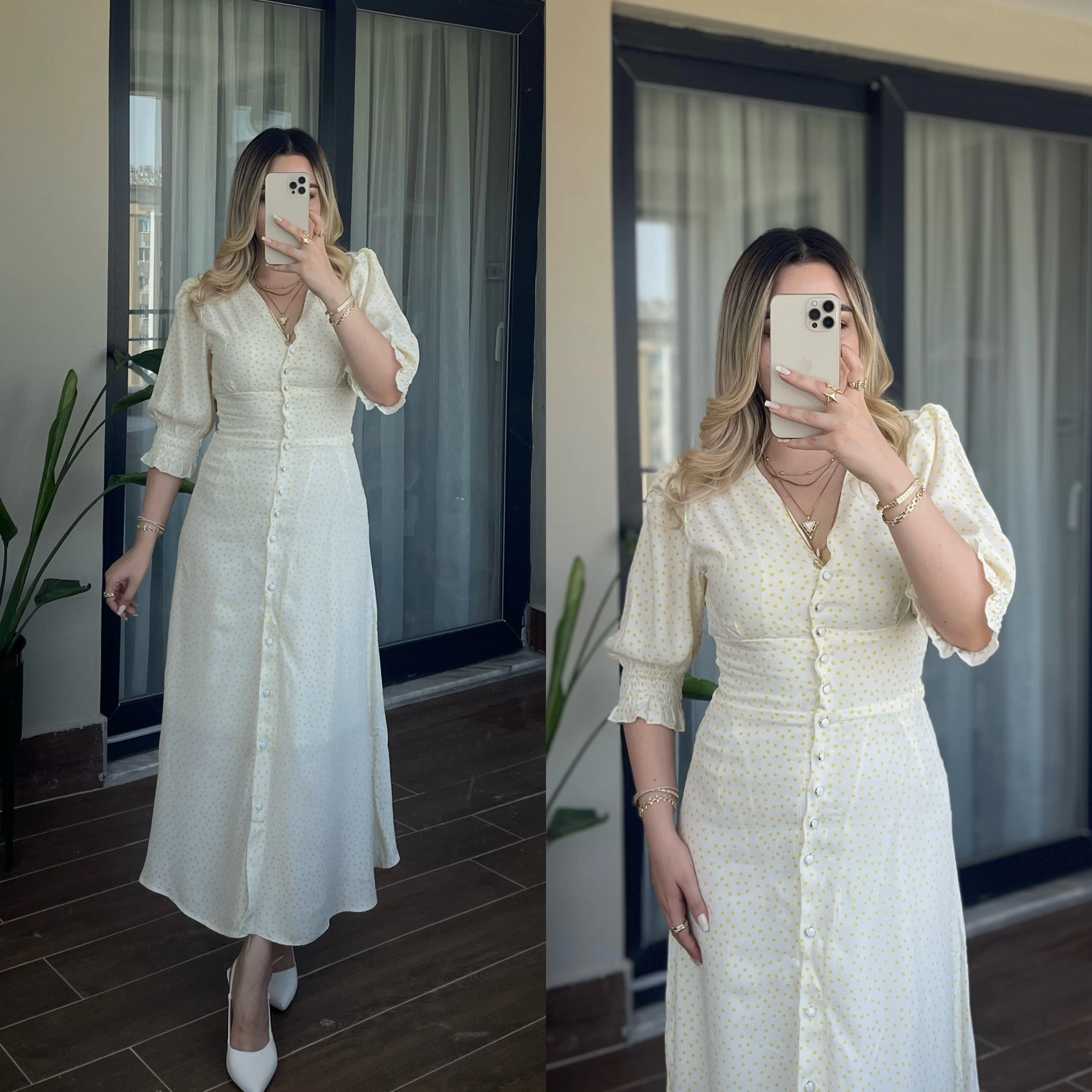 Sarı Çıtır Desen Elbise
