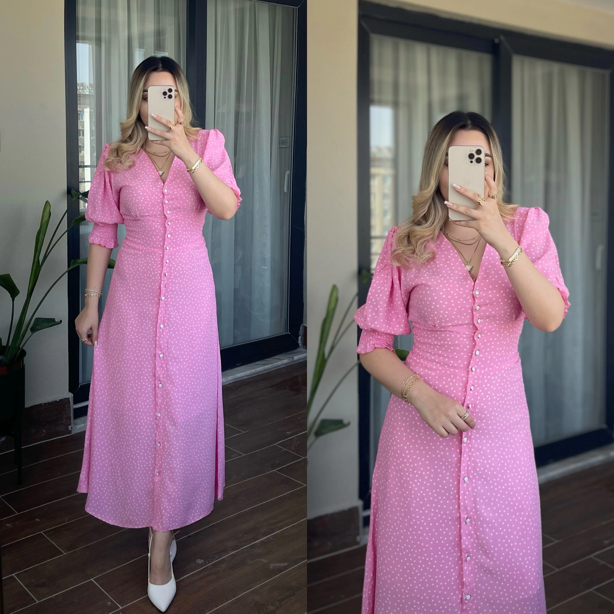 Pembe Çıtır Desen Elbise