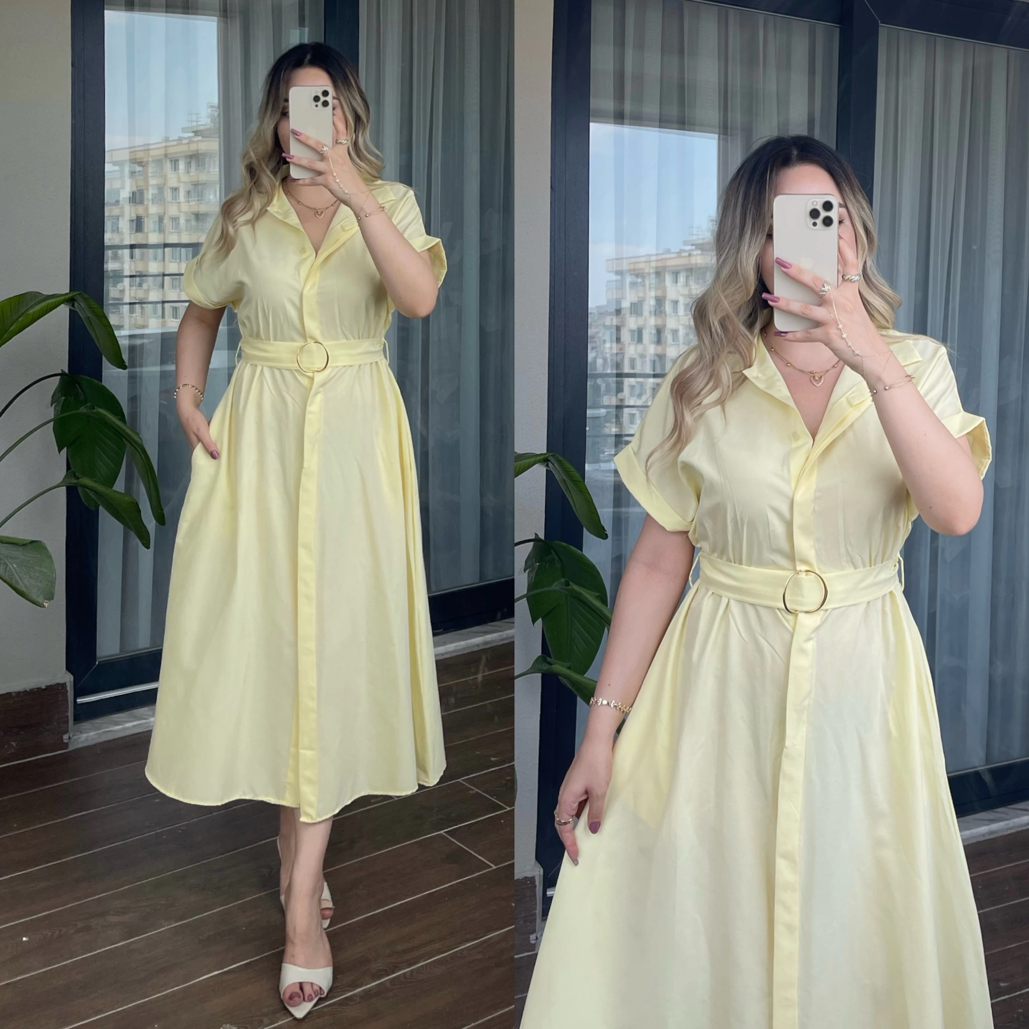 Kemerli Gömlek Elbise Sarı