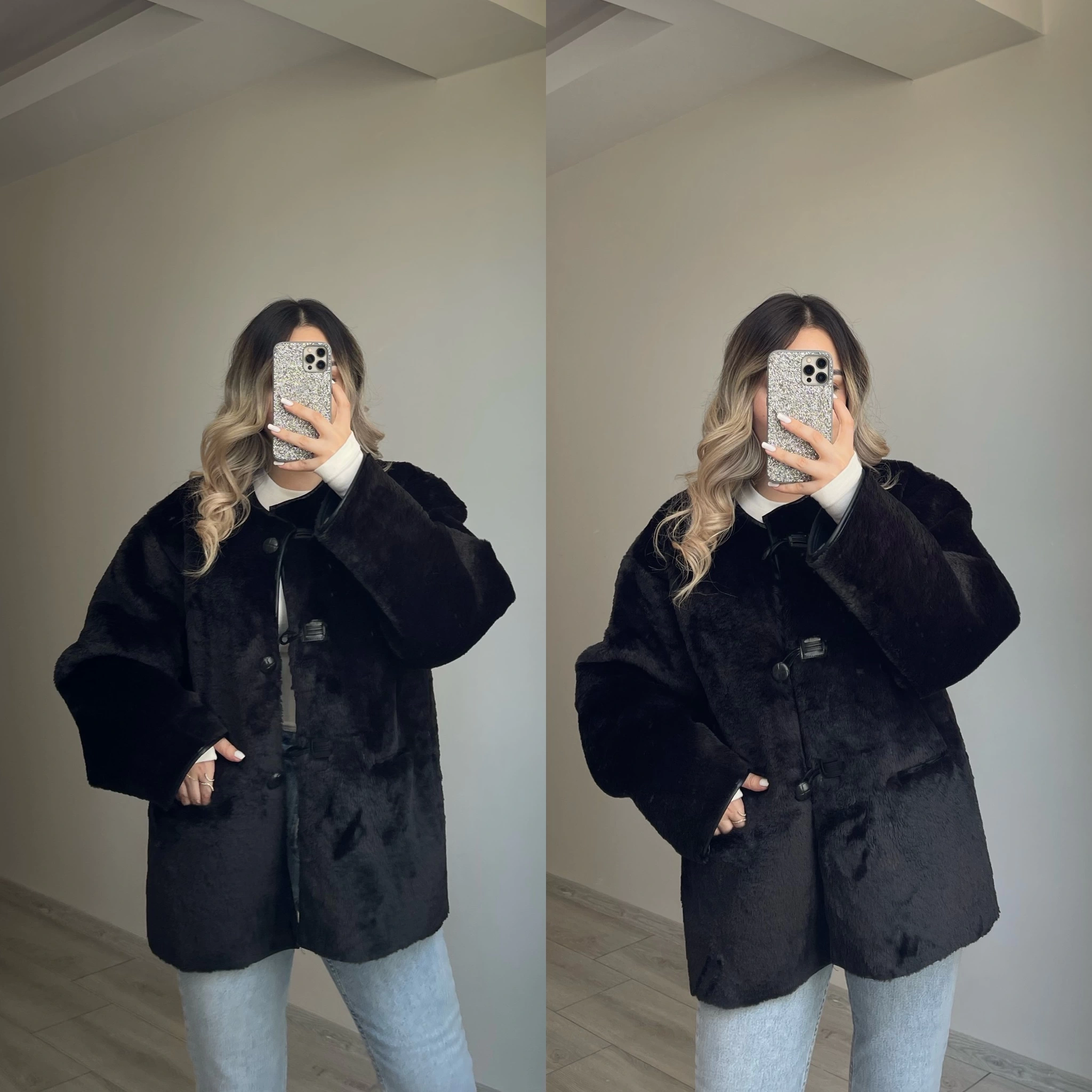 Mng Model Peluş Mont Siyah