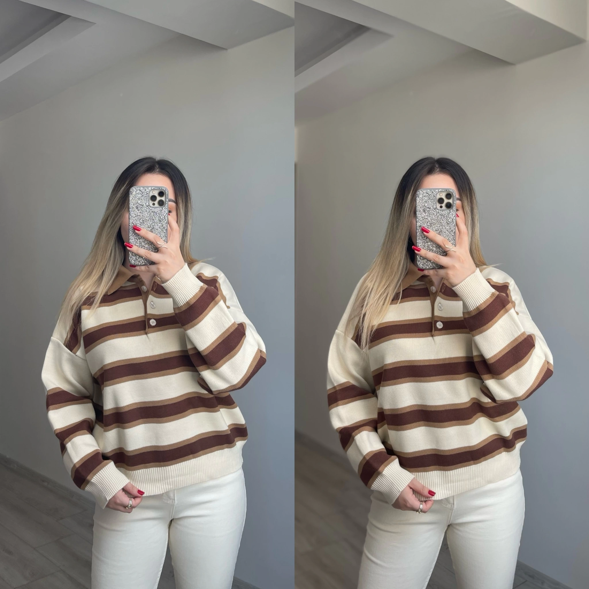 Polo Yaka Çizgili Triko Ekru