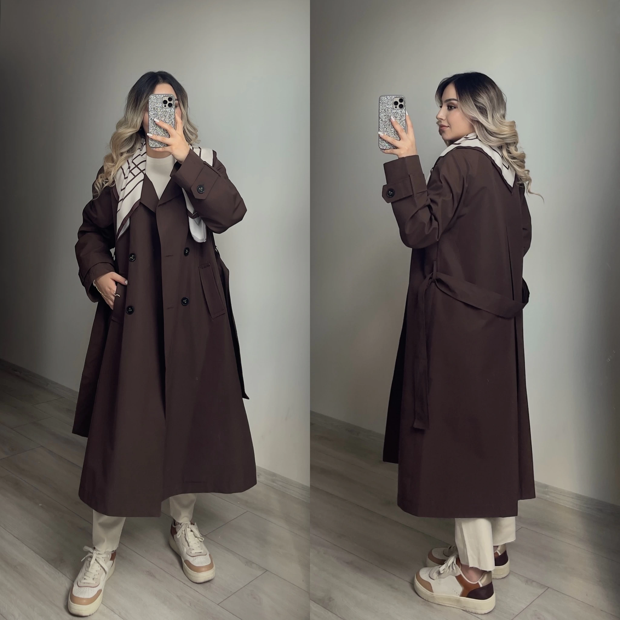 Premium Kalite Fularlı Acı Kahve Trenç
