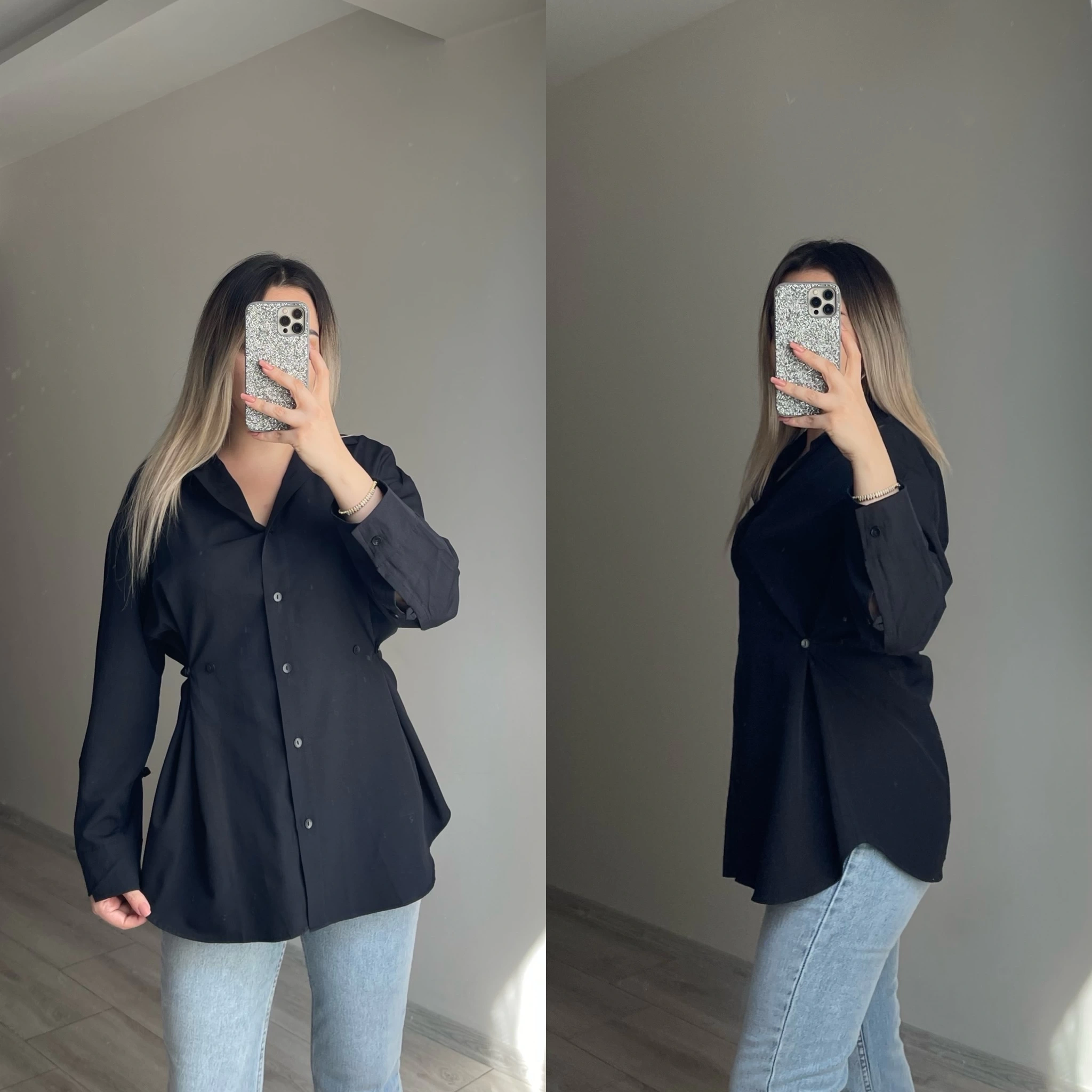 Belden Düğmeli Siyah Gömlek