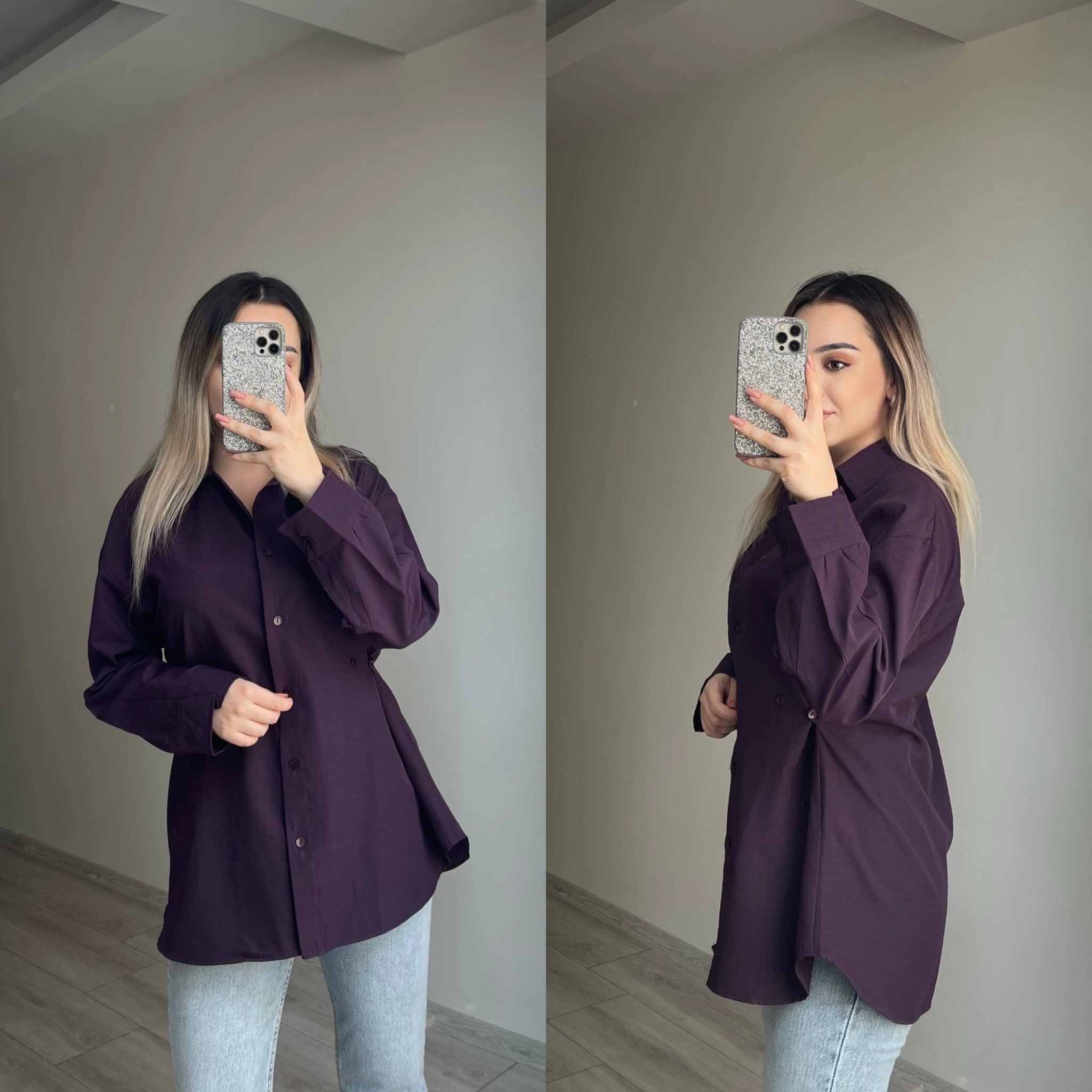 Belden Düğmeli Mürdüm Gömlek