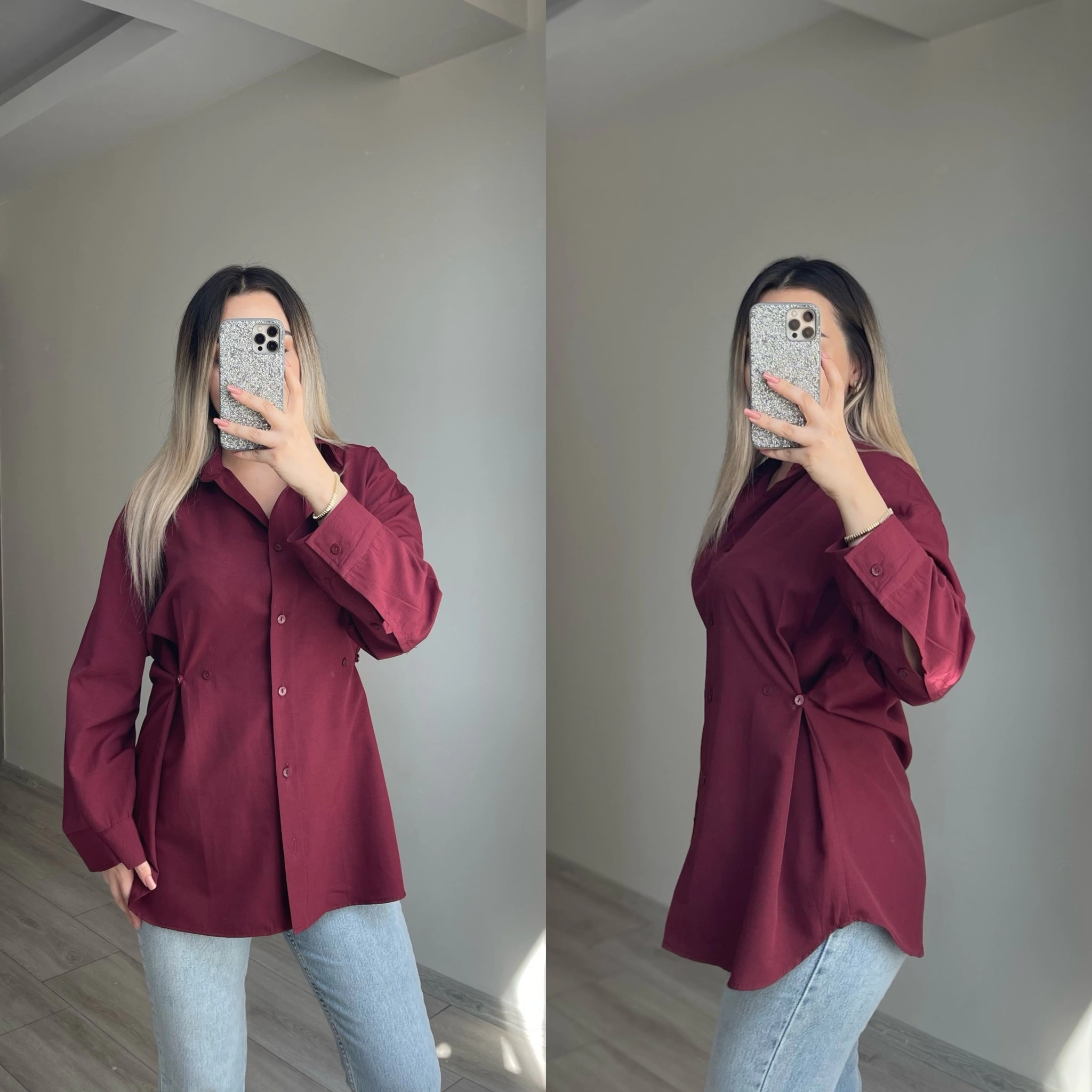 Belden Düğmeli Bordo Gömlek