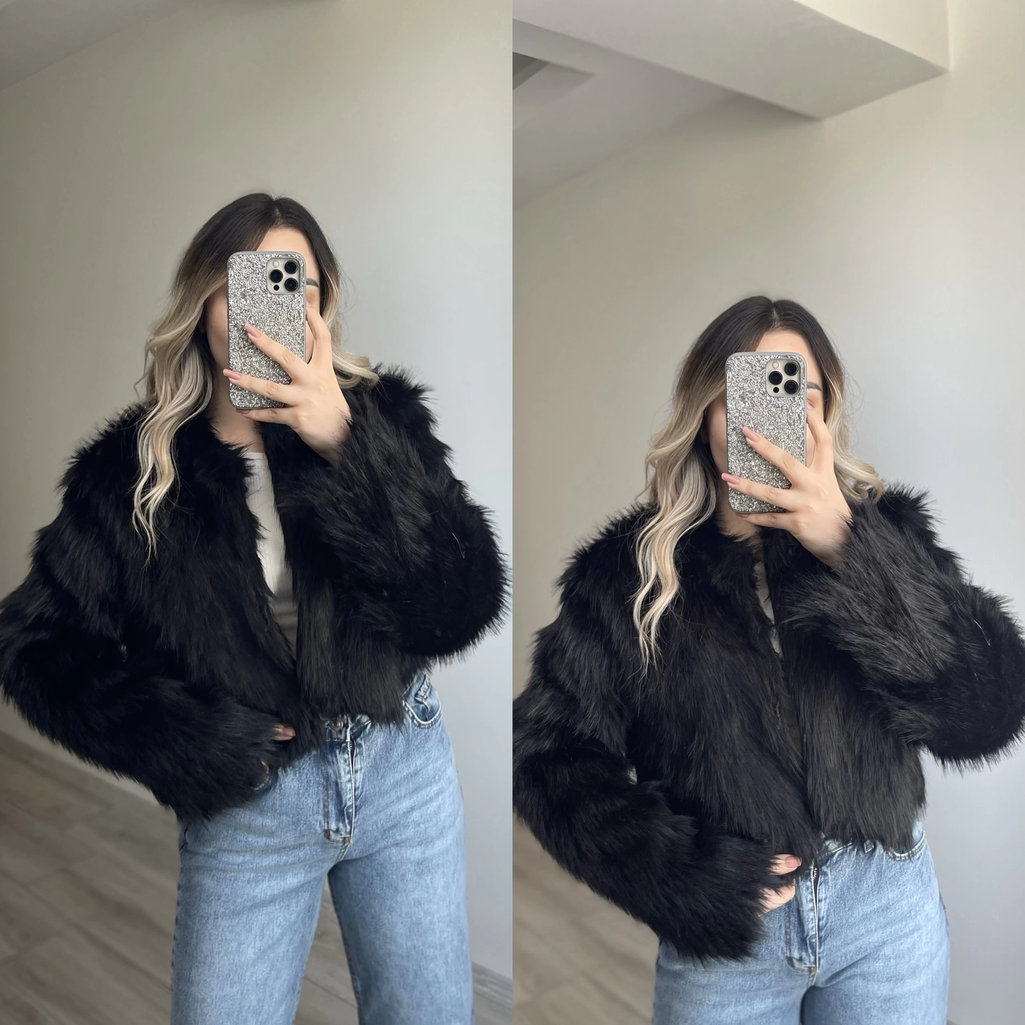 Siyah Crop Kürk