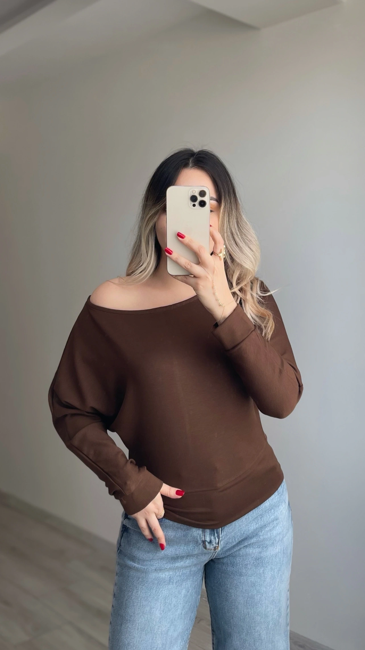 Oysh Yarasa Kol Bluz Kahverengi