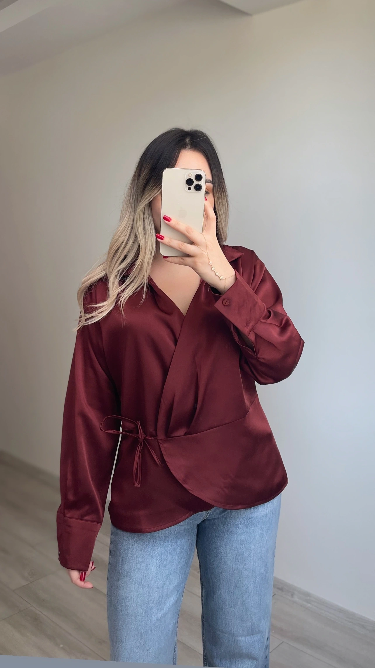Saten Bordo Bluz