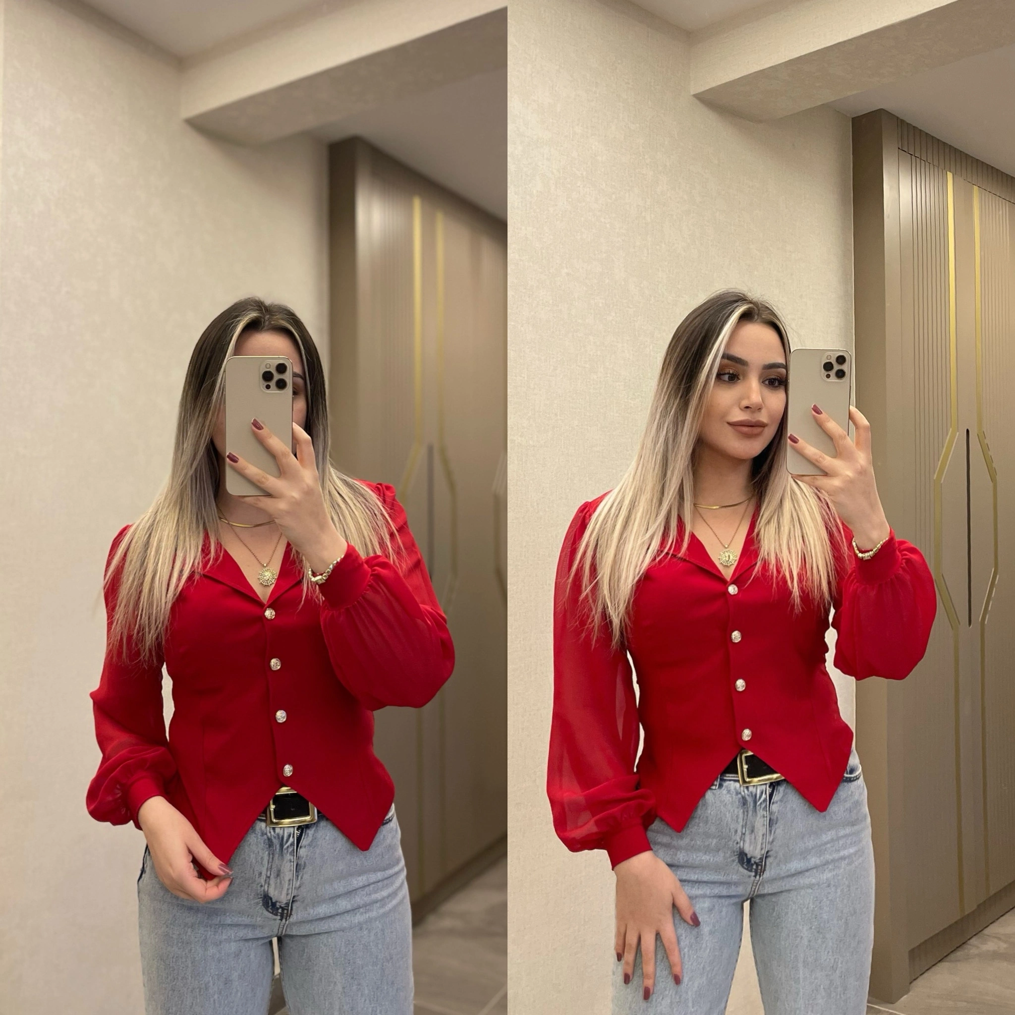 Kırmızı Kolu Tül Bluz