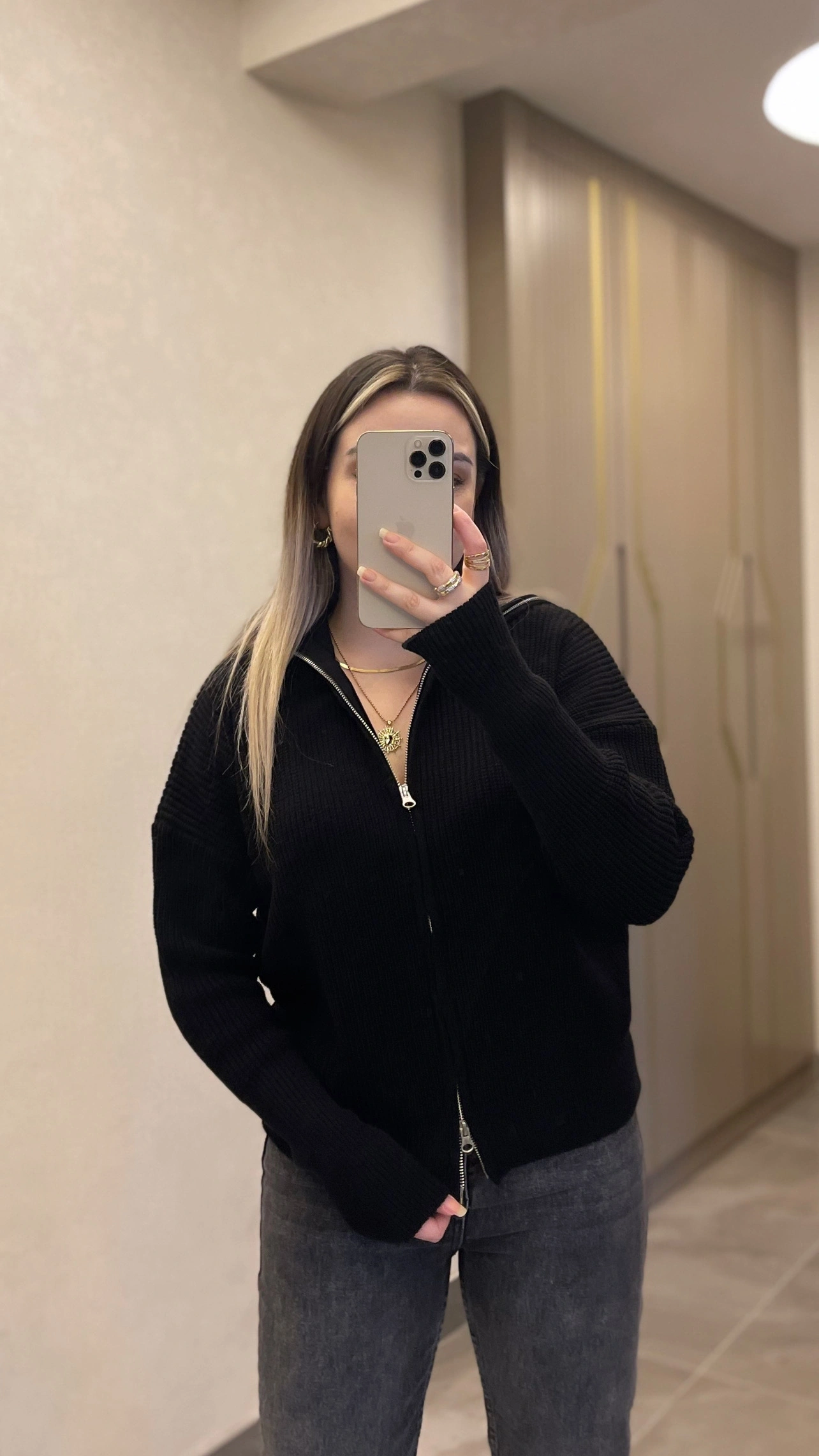 Siyah Çift Fermuarlı Hırka