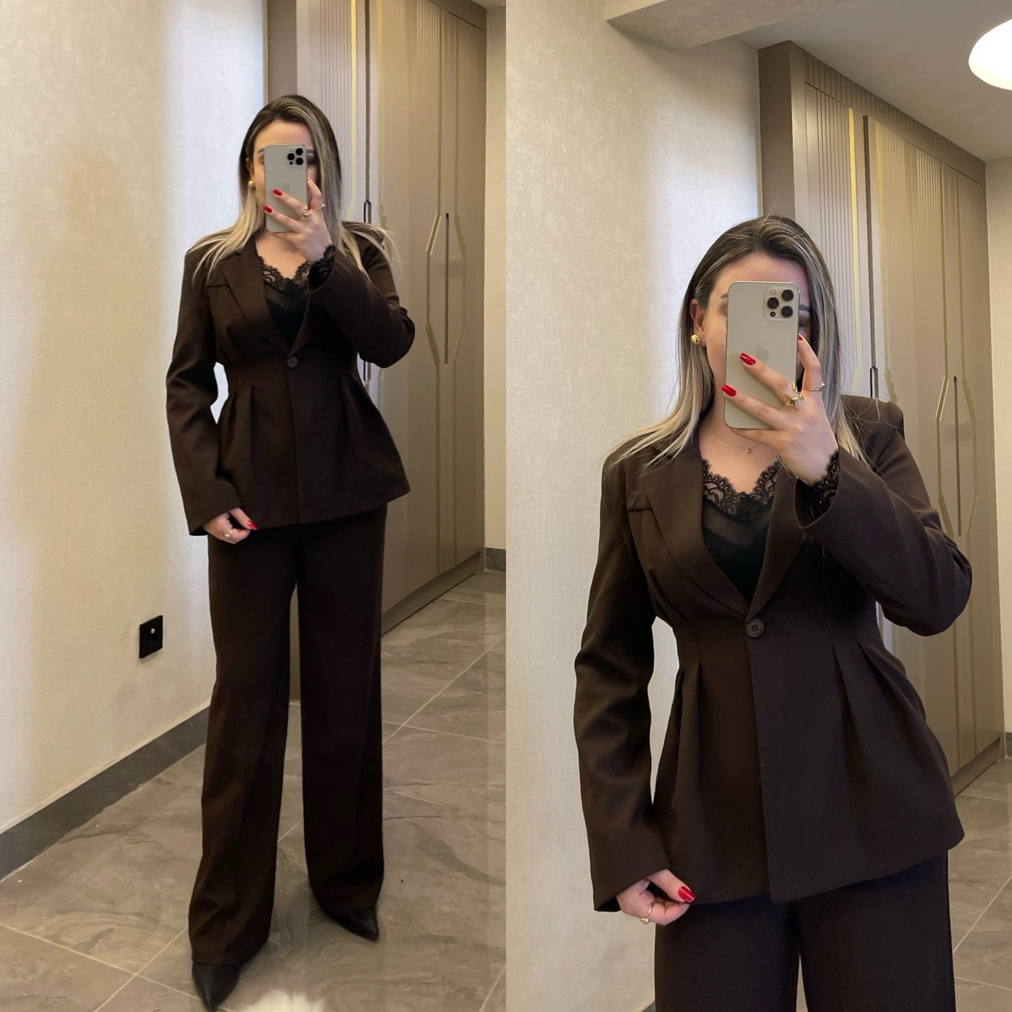 Pileli Belden Oturmalı Acı Kahve Blazer Takım