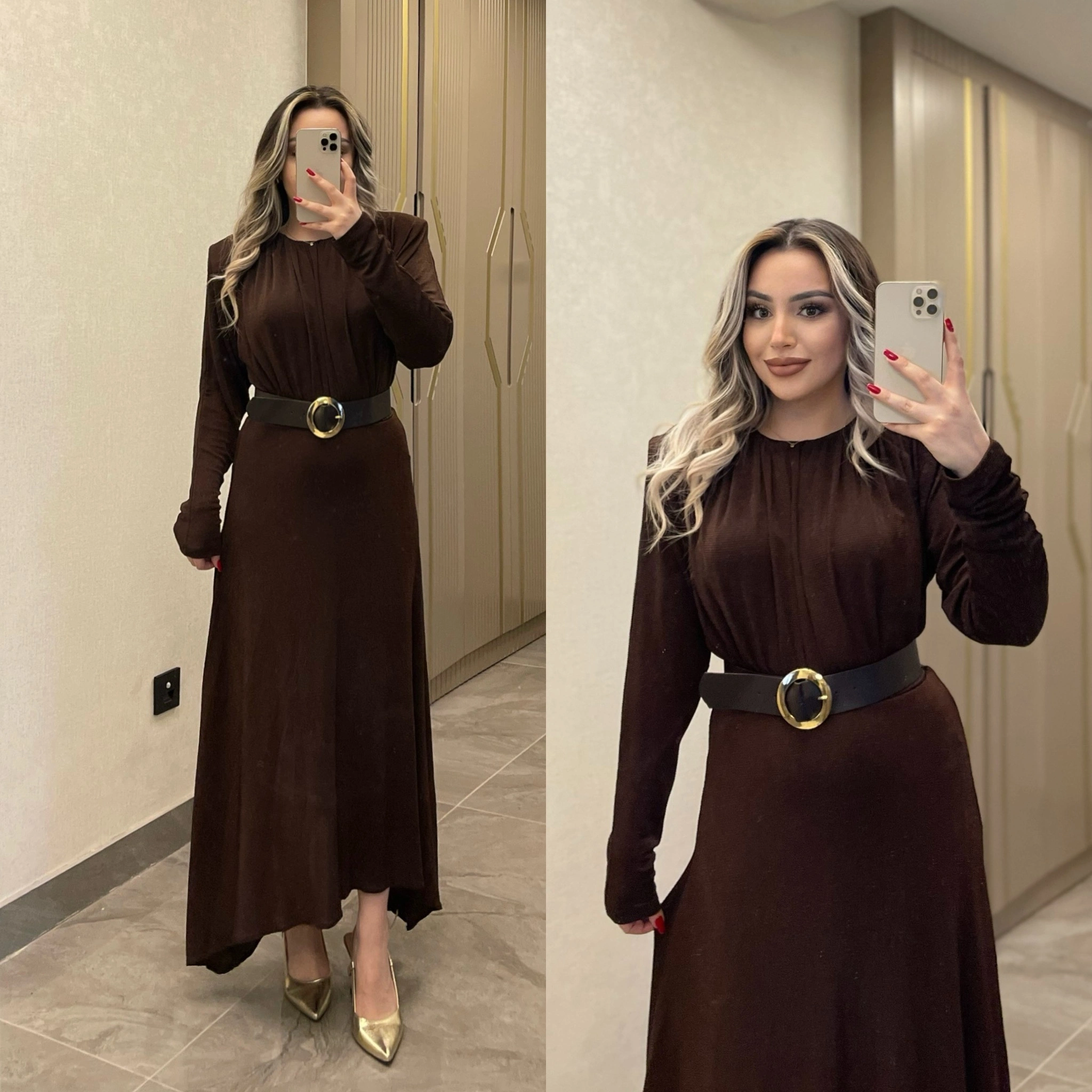 Kemerli Acı Kahve Işıltılı Elbise