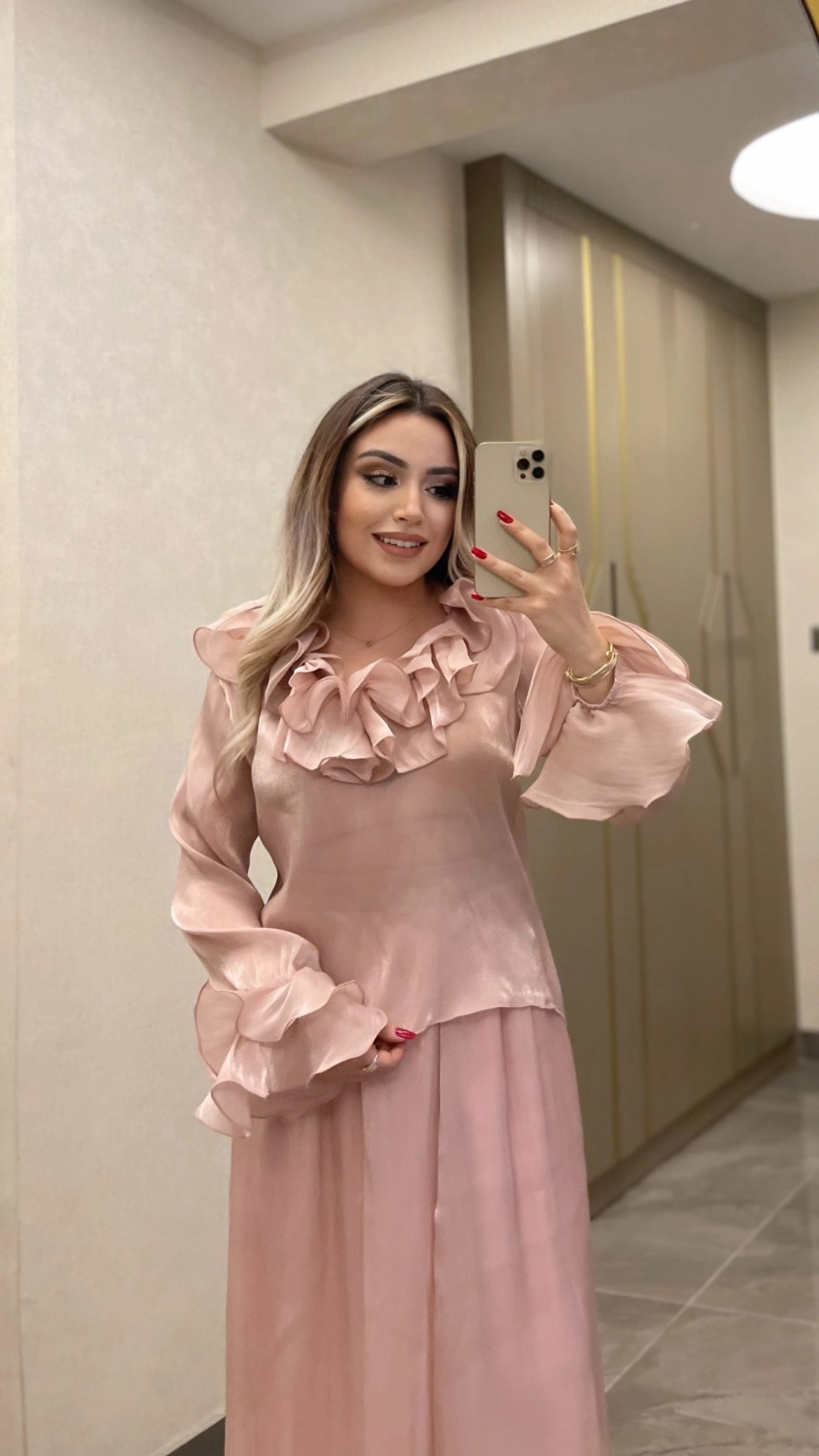 Fırfırlı Şifon Transparan Takım Pembe