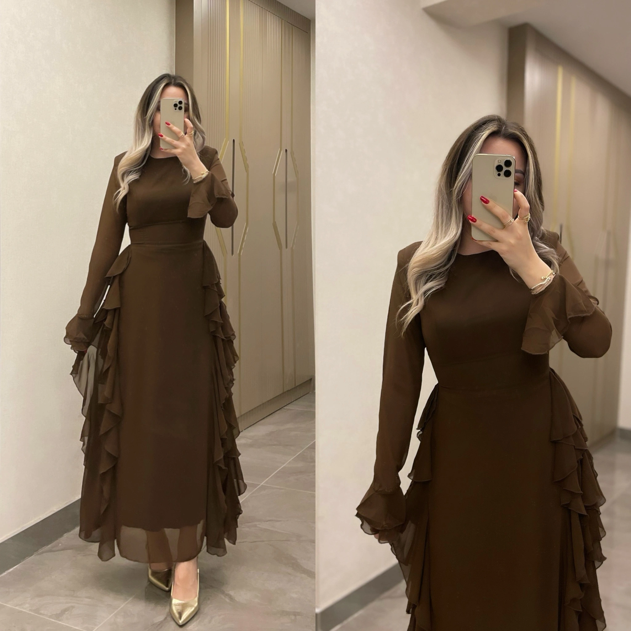 Acı Kahve Volanlı Şifon Elbise