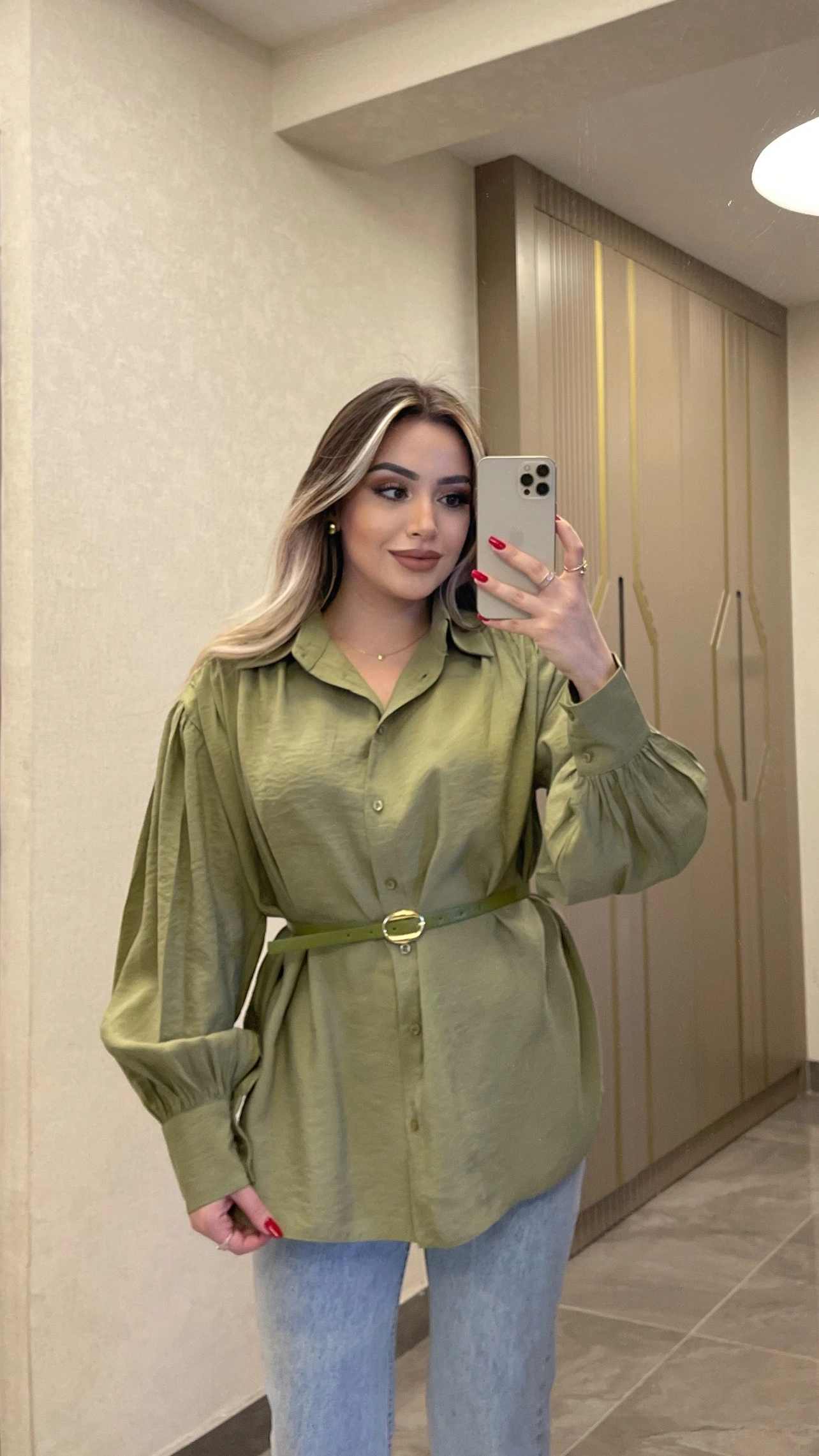 Yeşil Kemerli Modal Gömlek