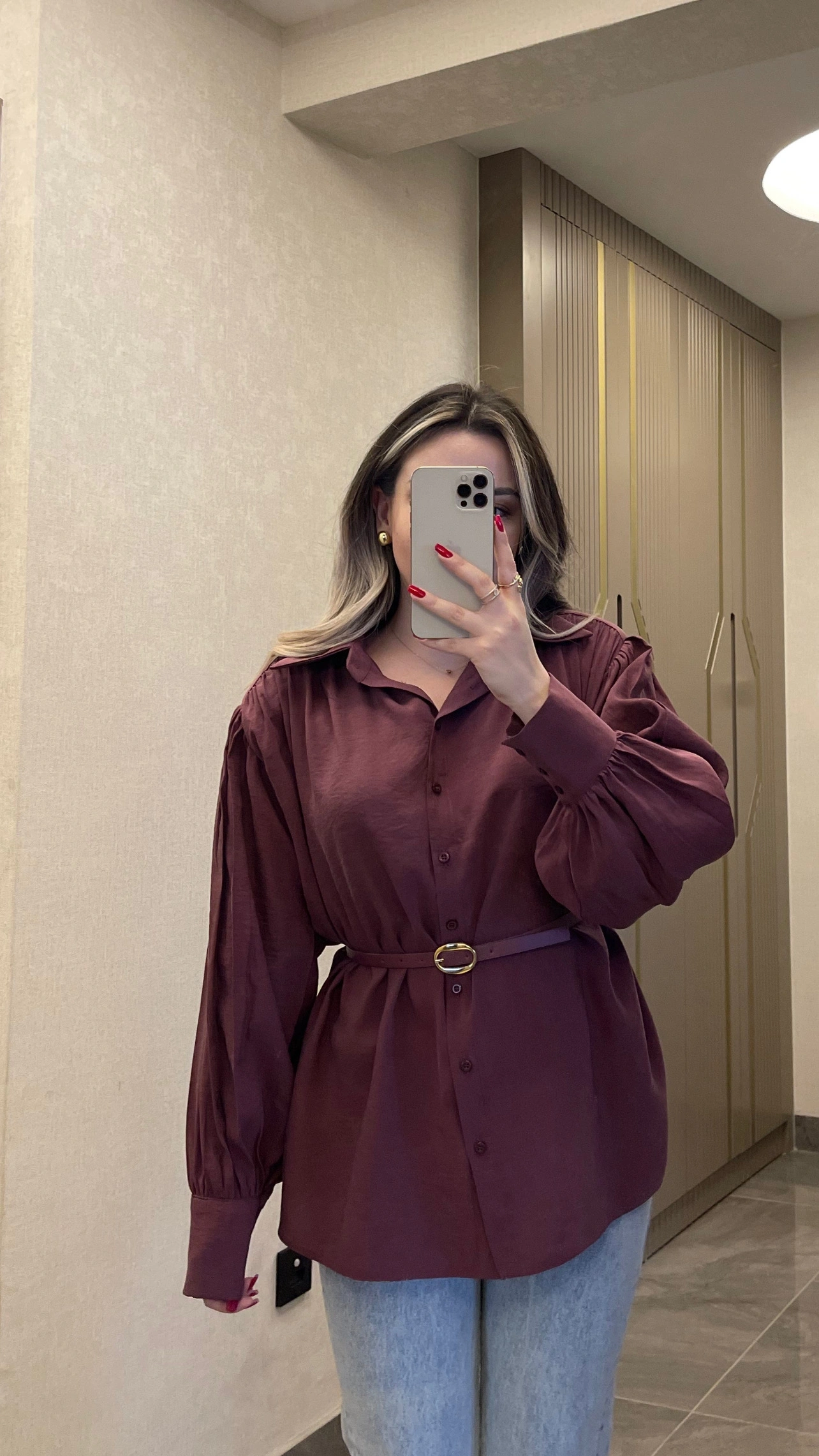 Bordo Kemerli Modal Gömlek