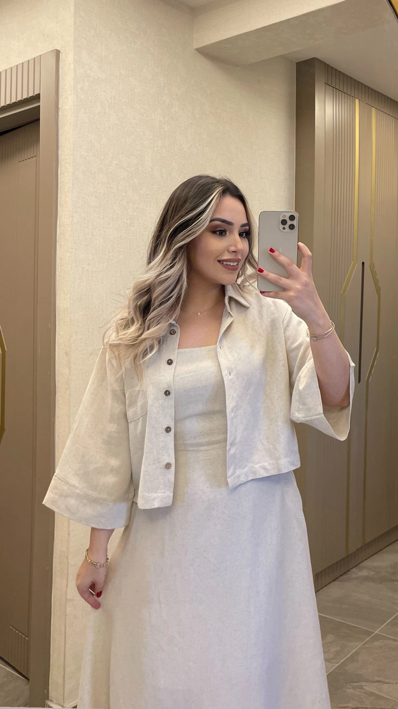 Keten Taş Rengi Elbise Ceket Takım