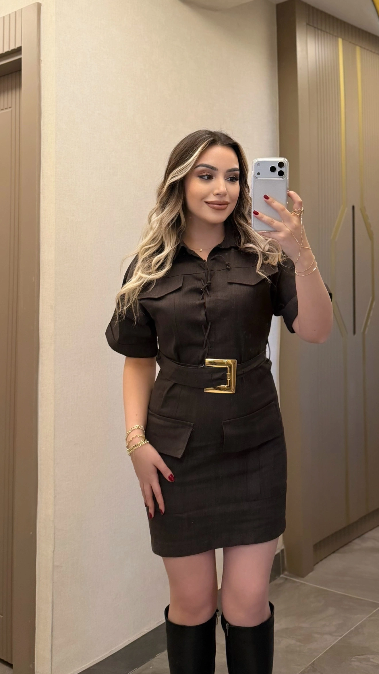 Acı Kahve Gold Kemerli Denim Elbise