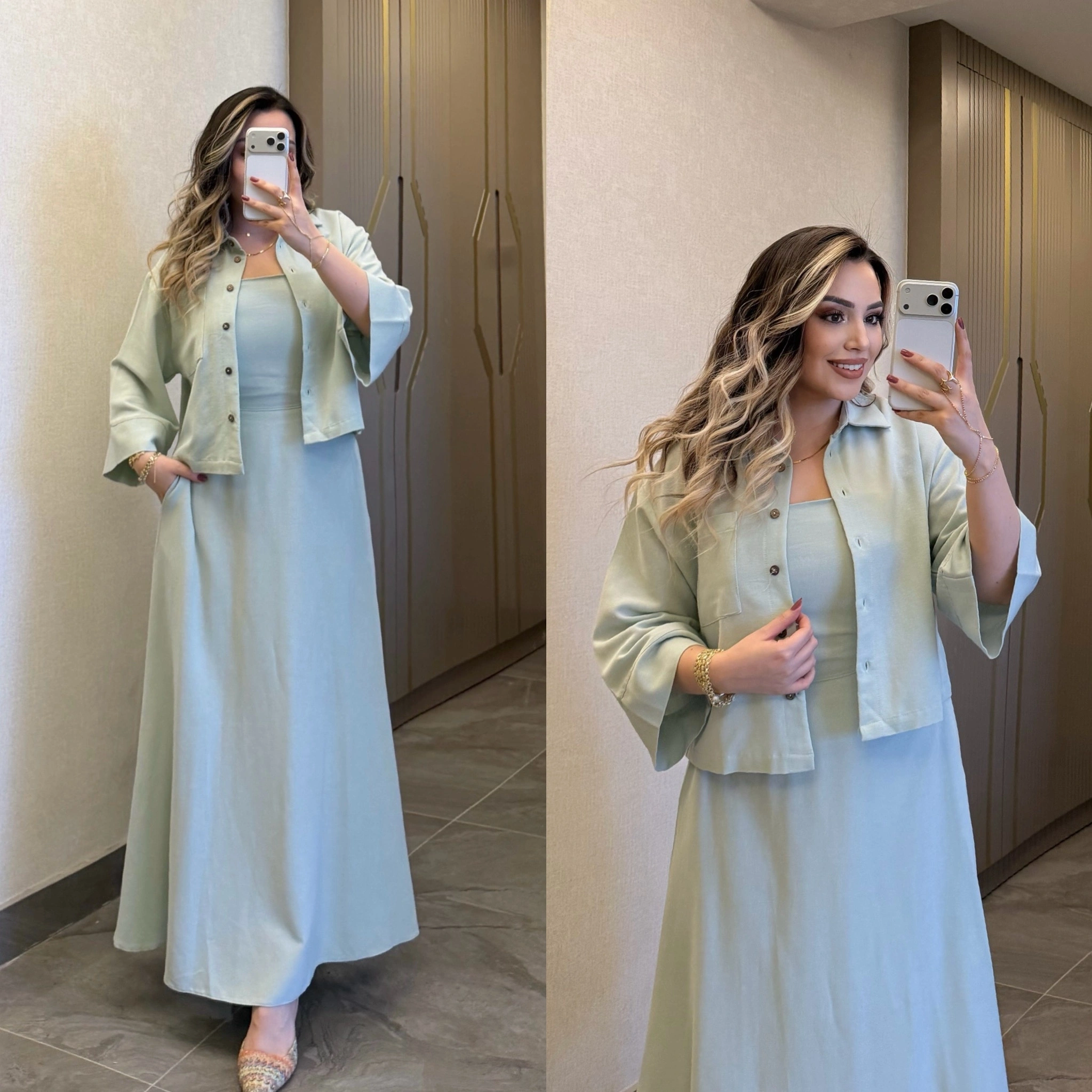 Mint Keten Elbise Ceket Takım