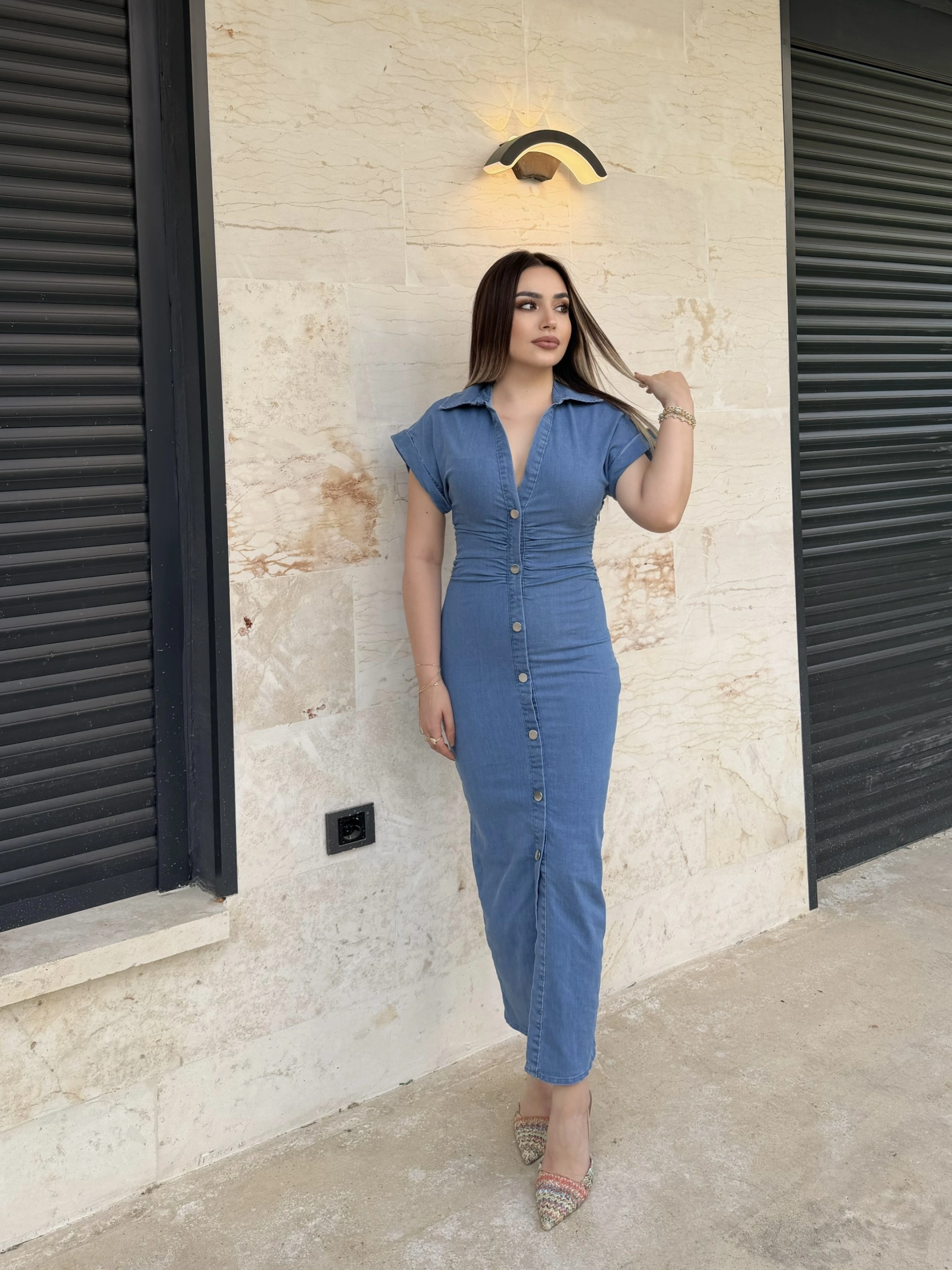 Buz Mavisi Denim Elbise