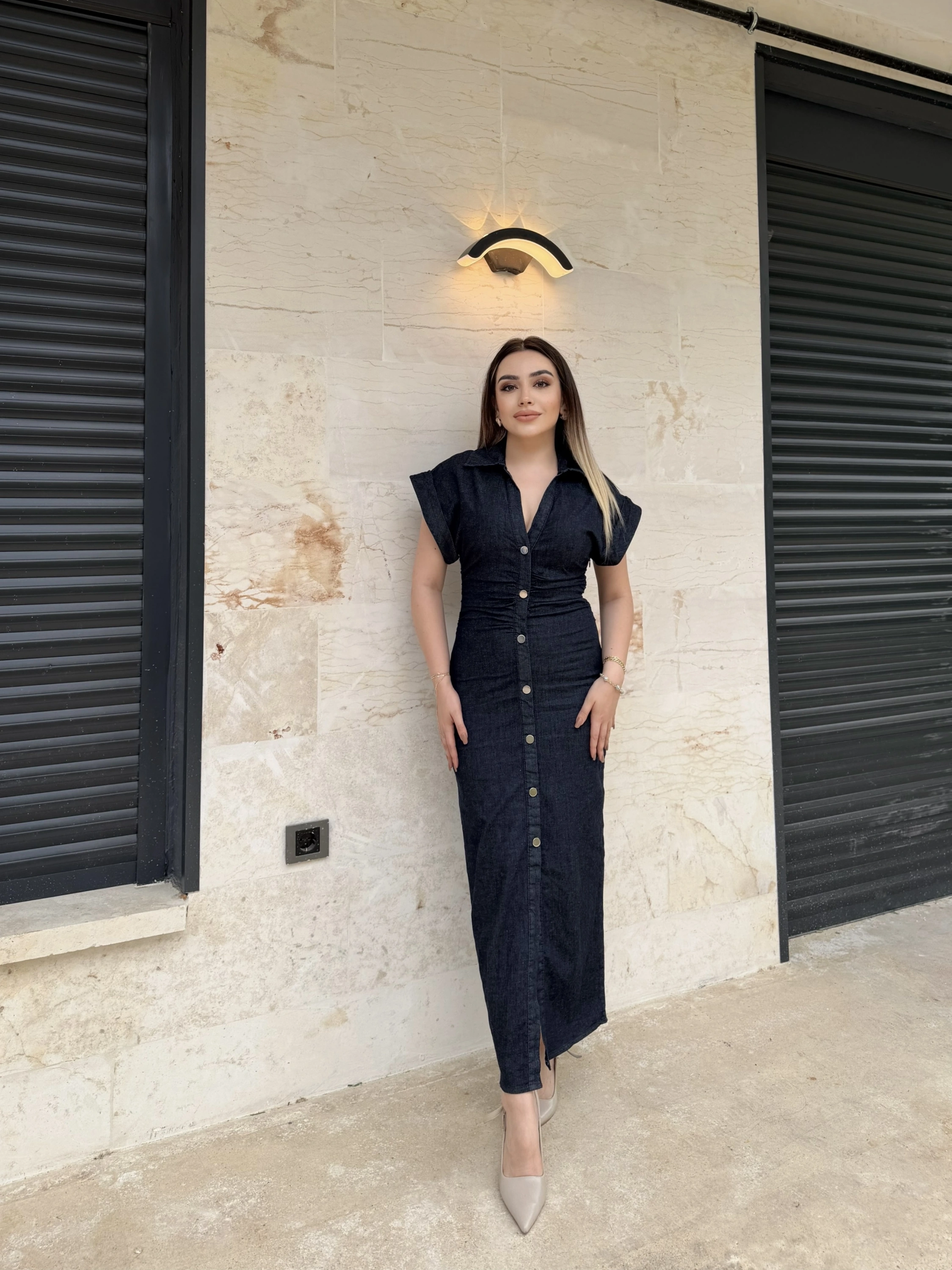 Koyu Mavi Denim Elbise