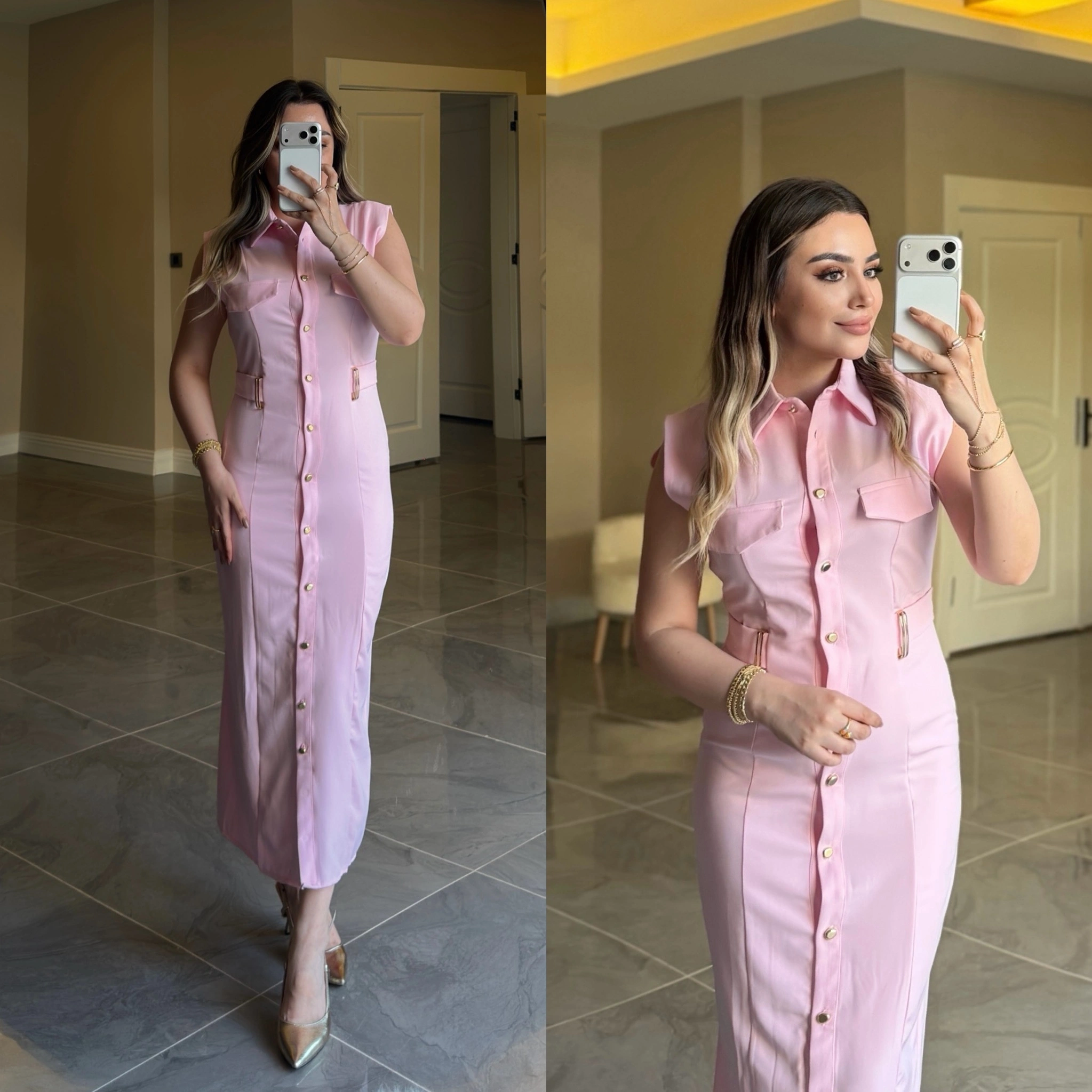 Kemer Aksesuarlı Pembe Slim Elbise