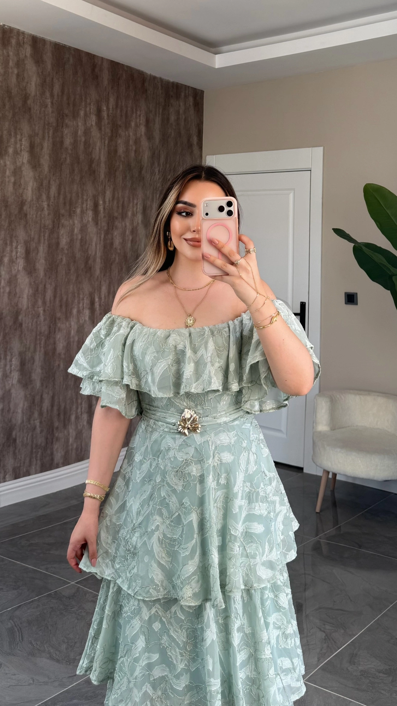 Mint Katkatlı Fırfırlı Elbise