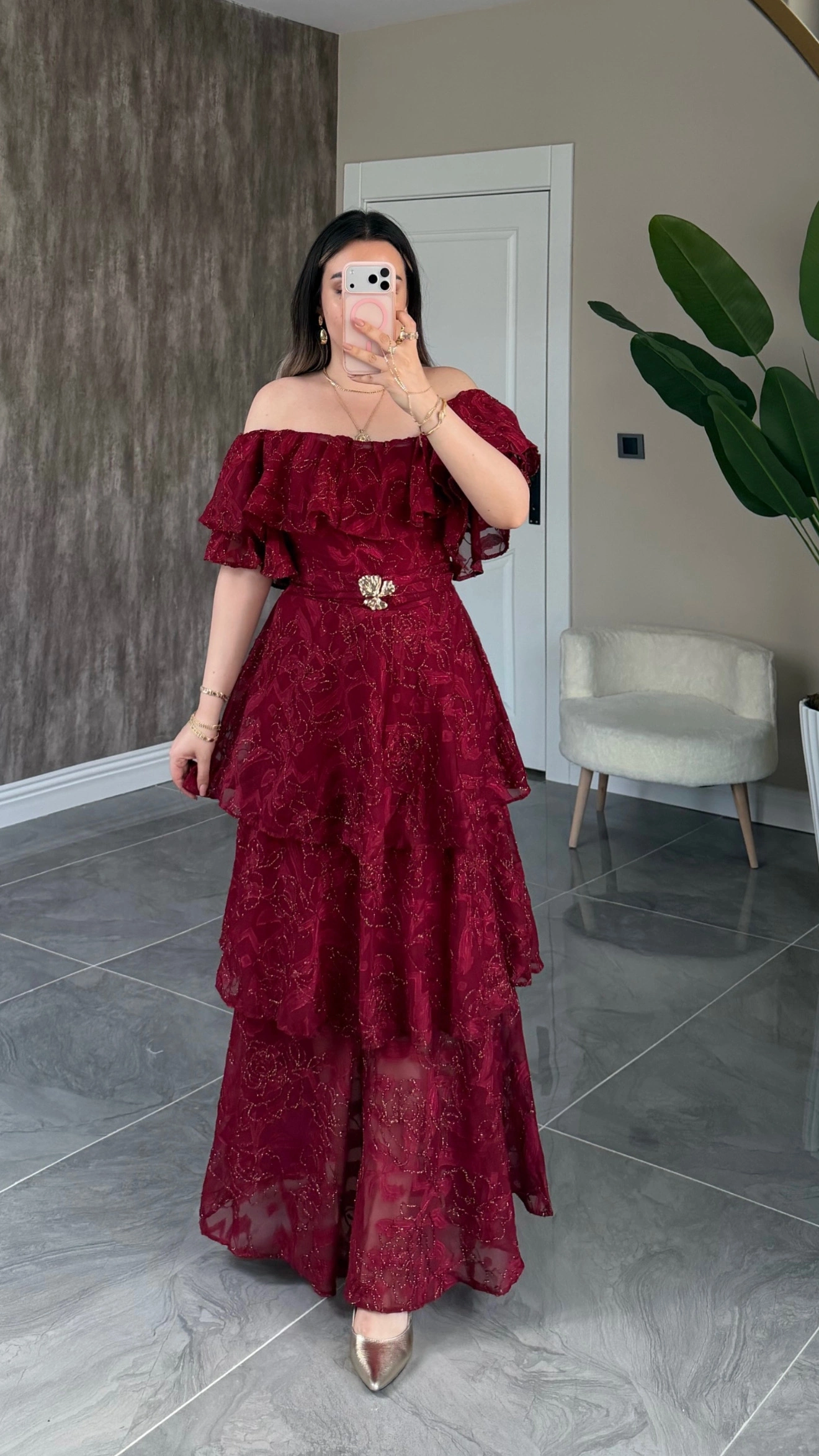 Bordo Katkatlı Fırfırlı Elbise