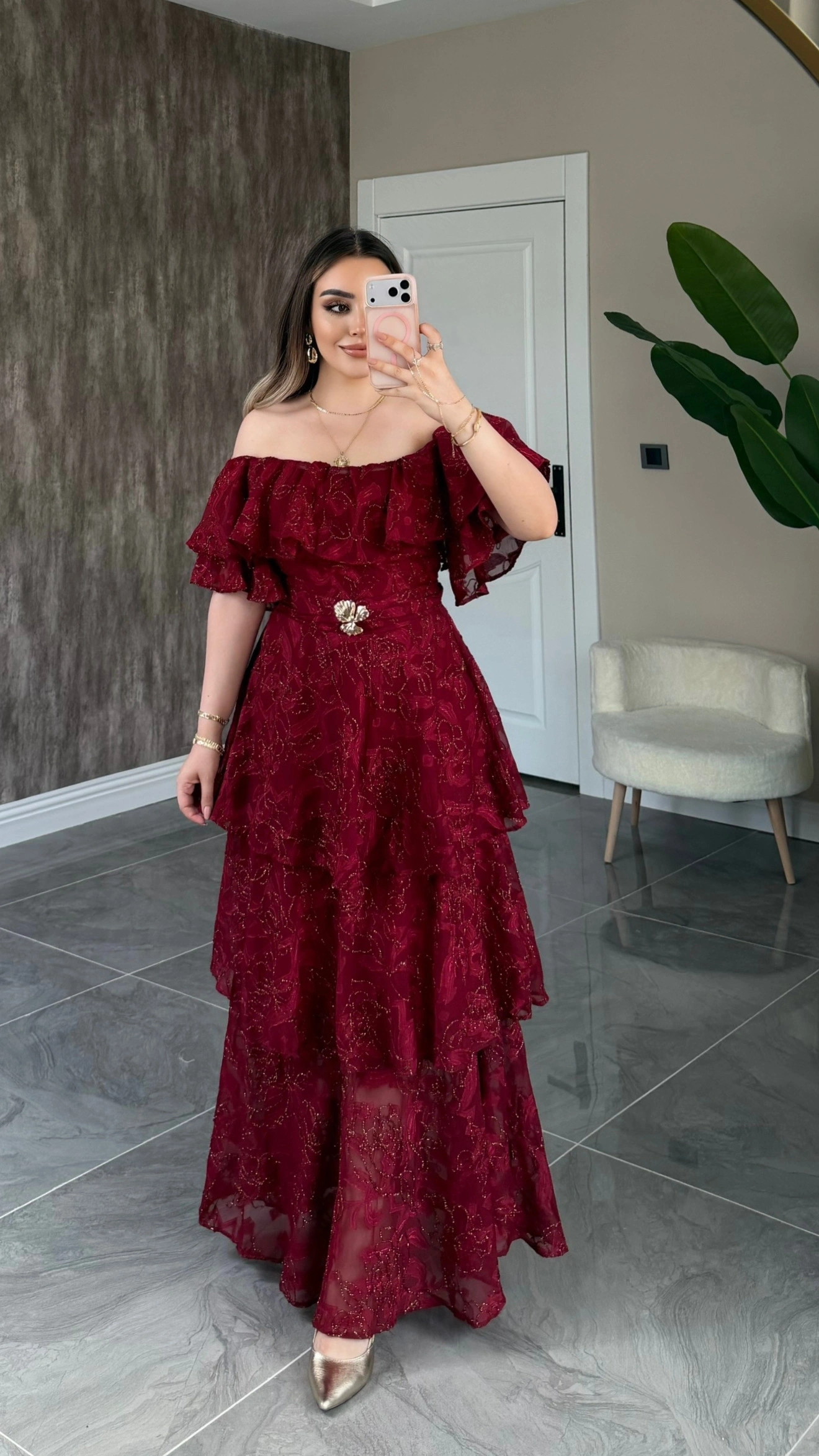 Bordo Katkatlı Fırfırlı Elbise